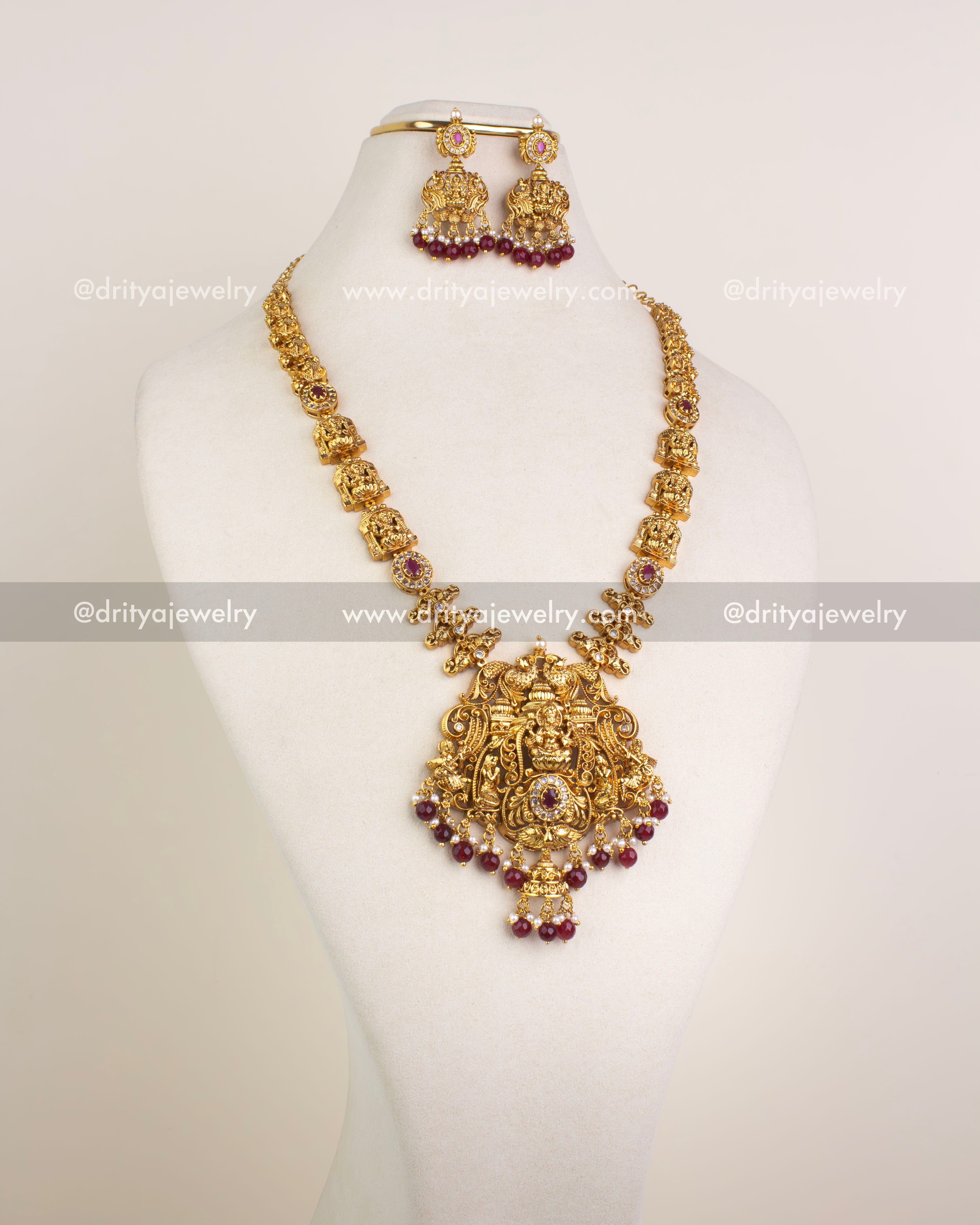 1240-R full premium temple long necklace set with Lakshmi pendant and earrings