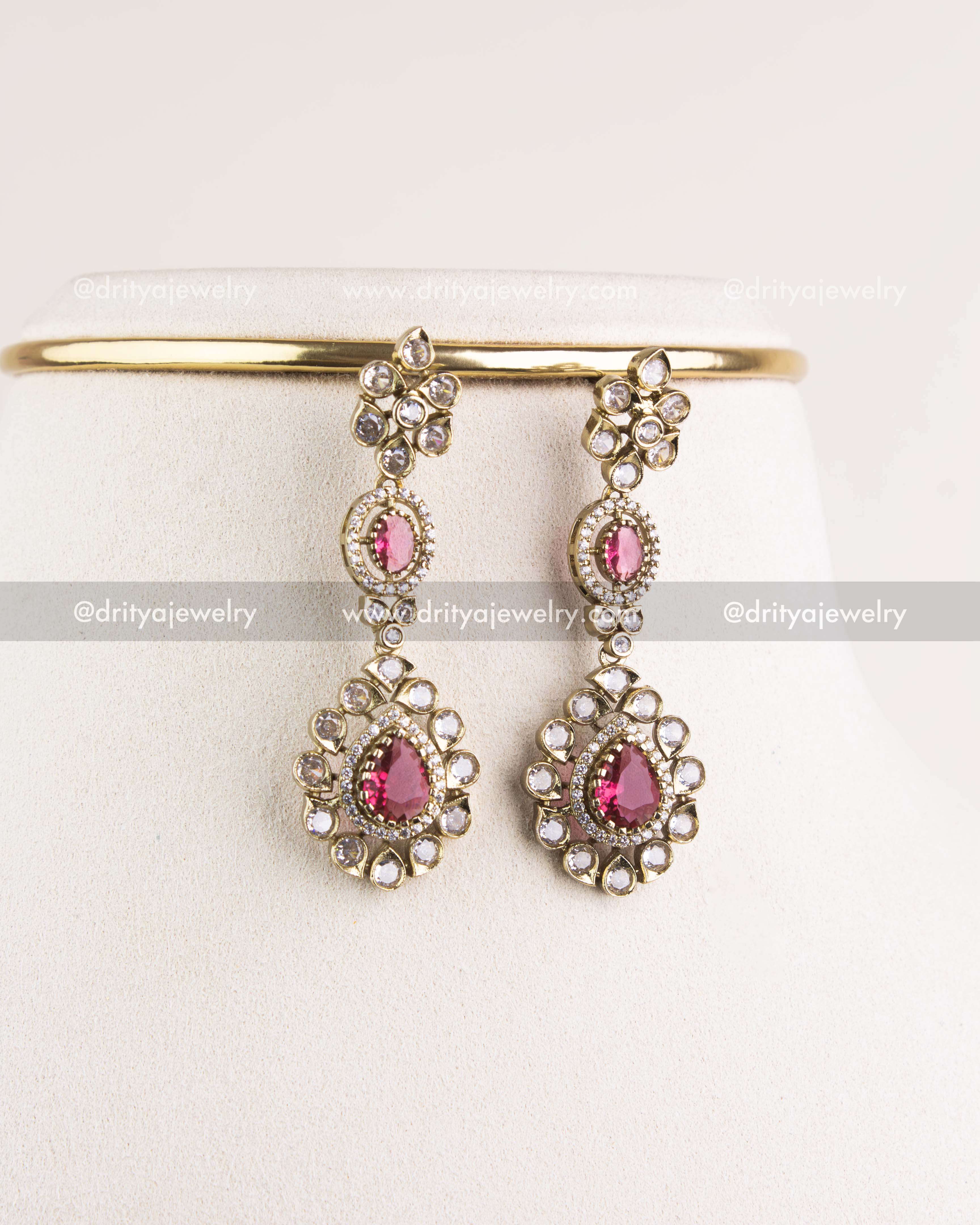 1096-R close-up of matching red stone Victorian dangler earrings