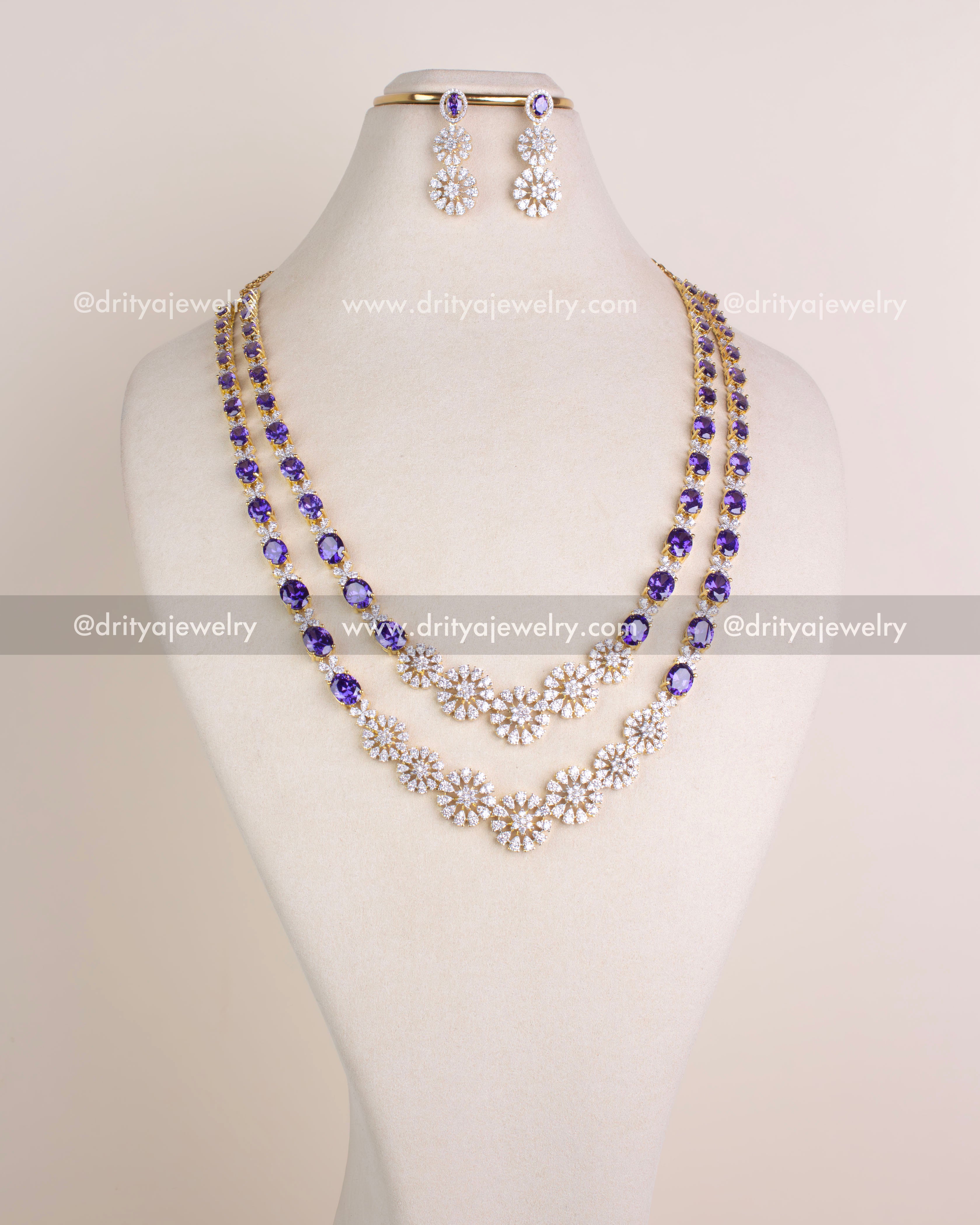 1215-PU full bridal layered necklace set with matching earrings on bust