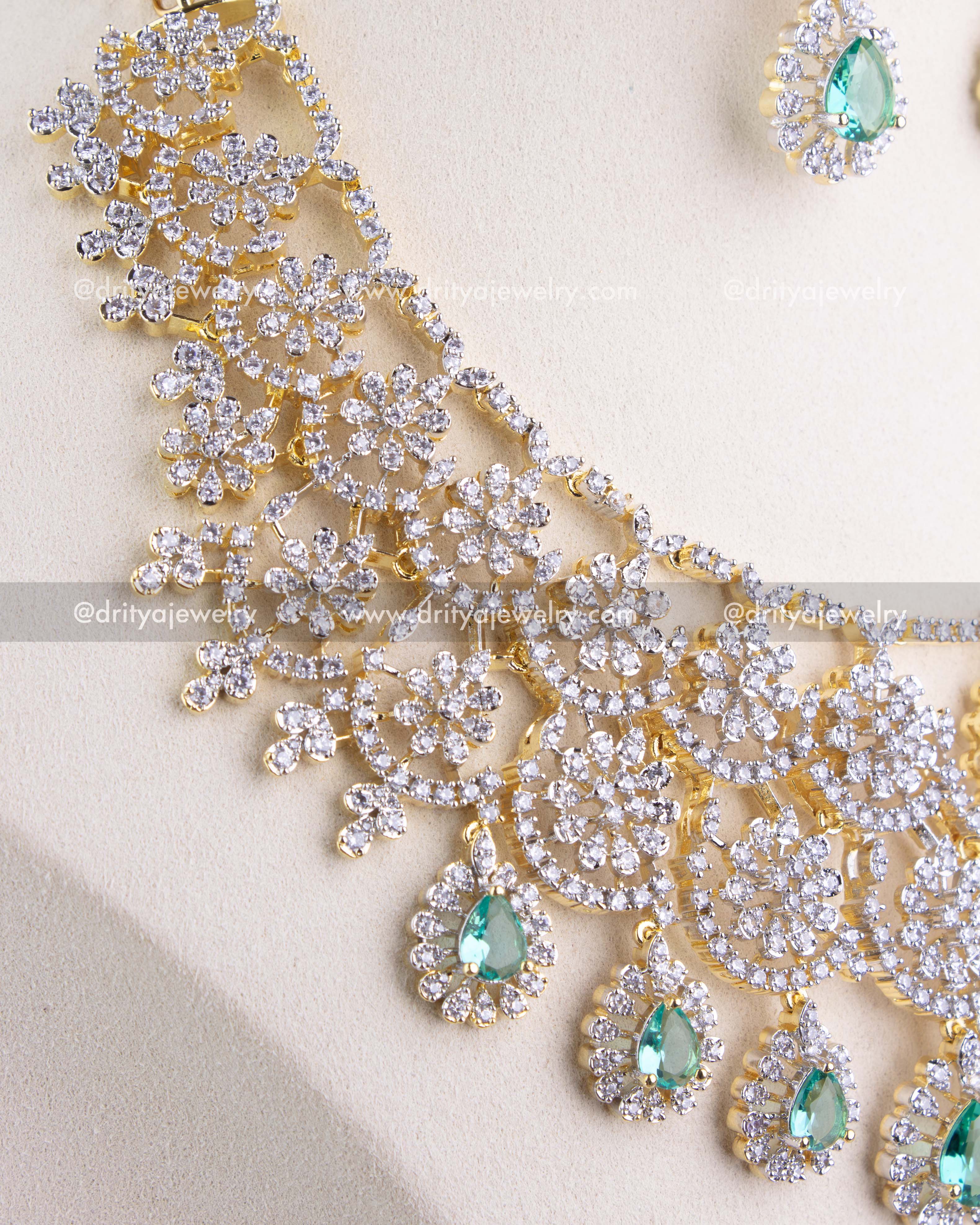 1209-RE premium CZ and emerald replica bridal necklace floral detailing close-up