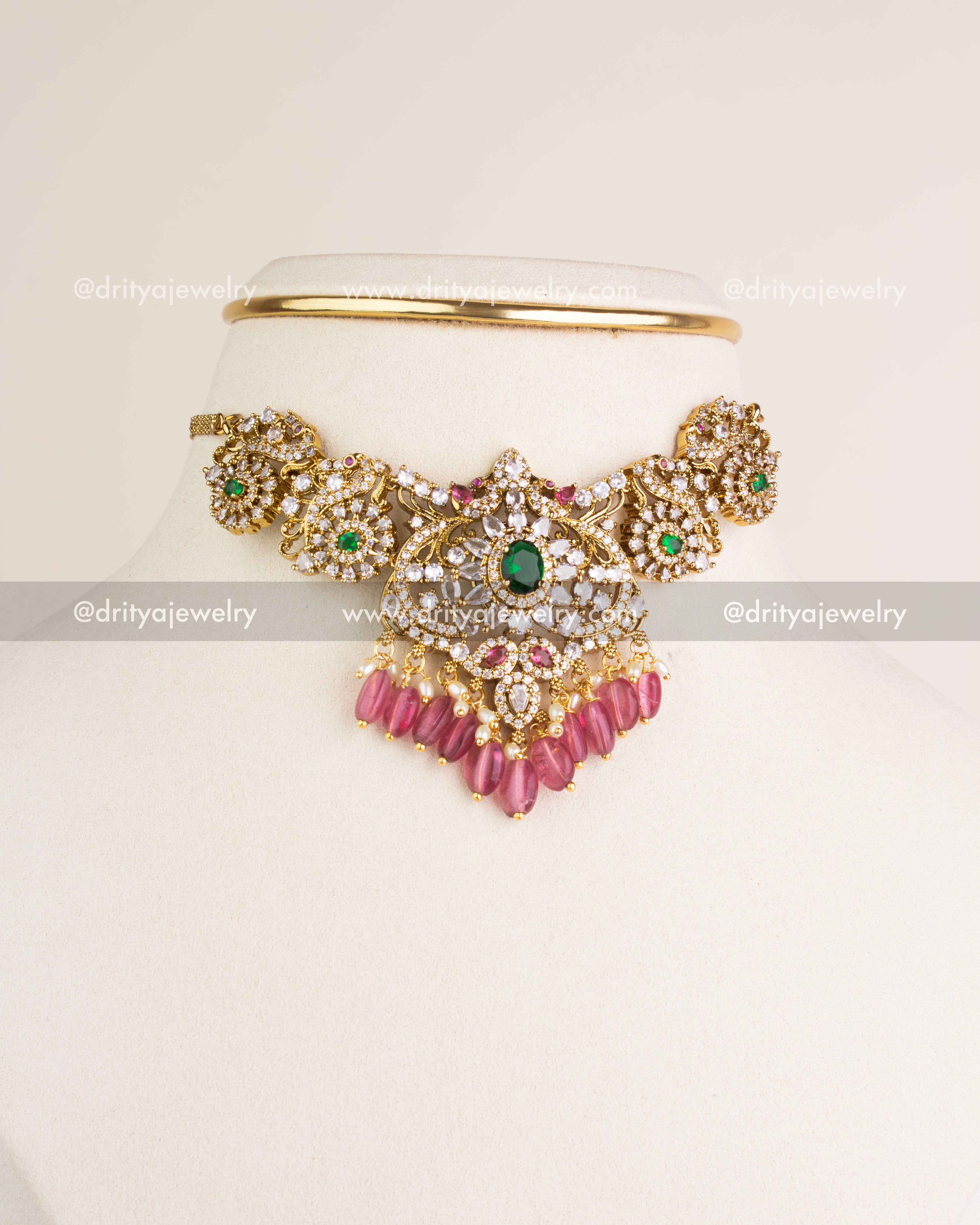 SKU 1150 Necklace Set full front view of Victorian CZ choker on display bust