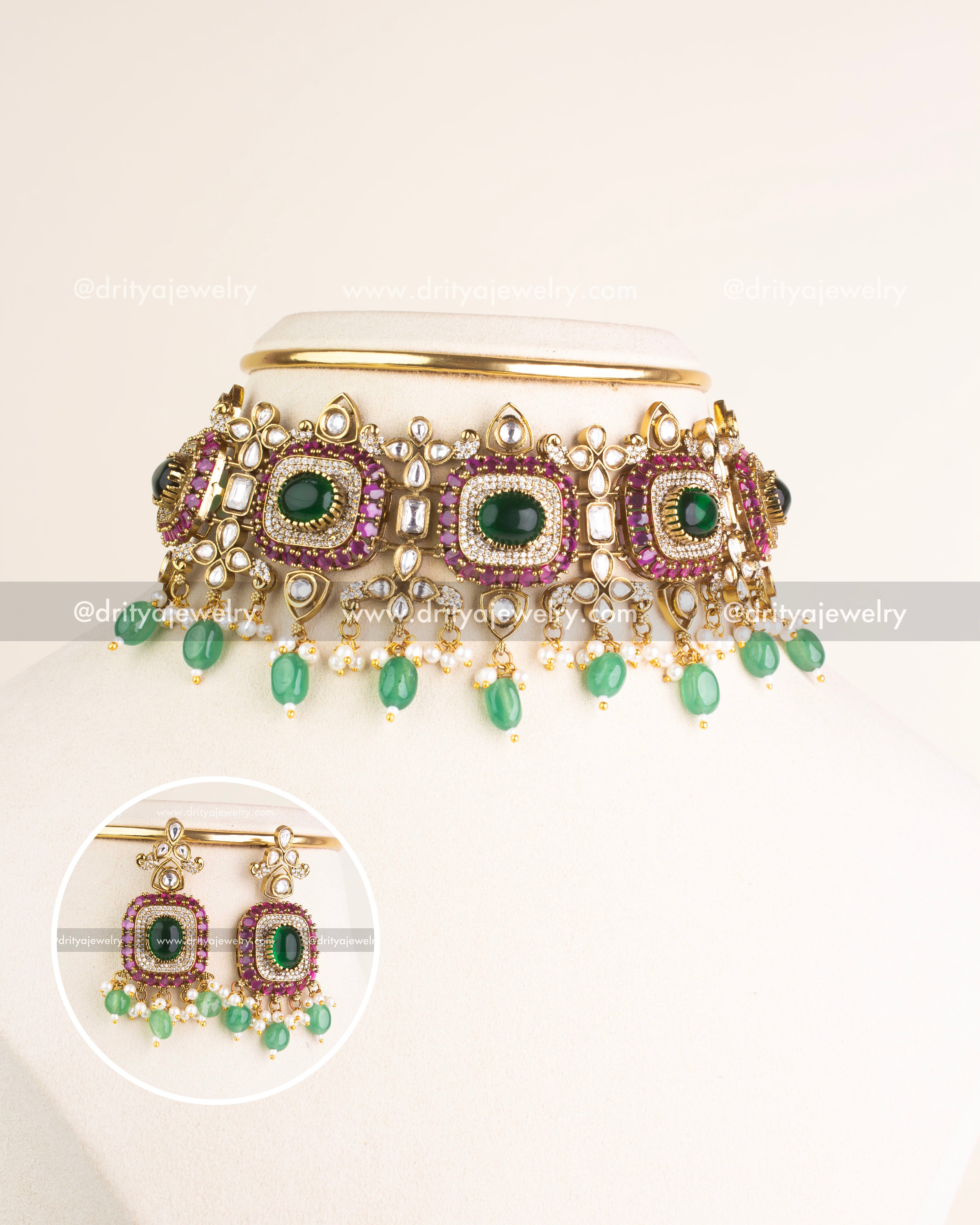 SKU 1144 Necklace Set front view showing green stone polki kundan choker with matching earrings inset.