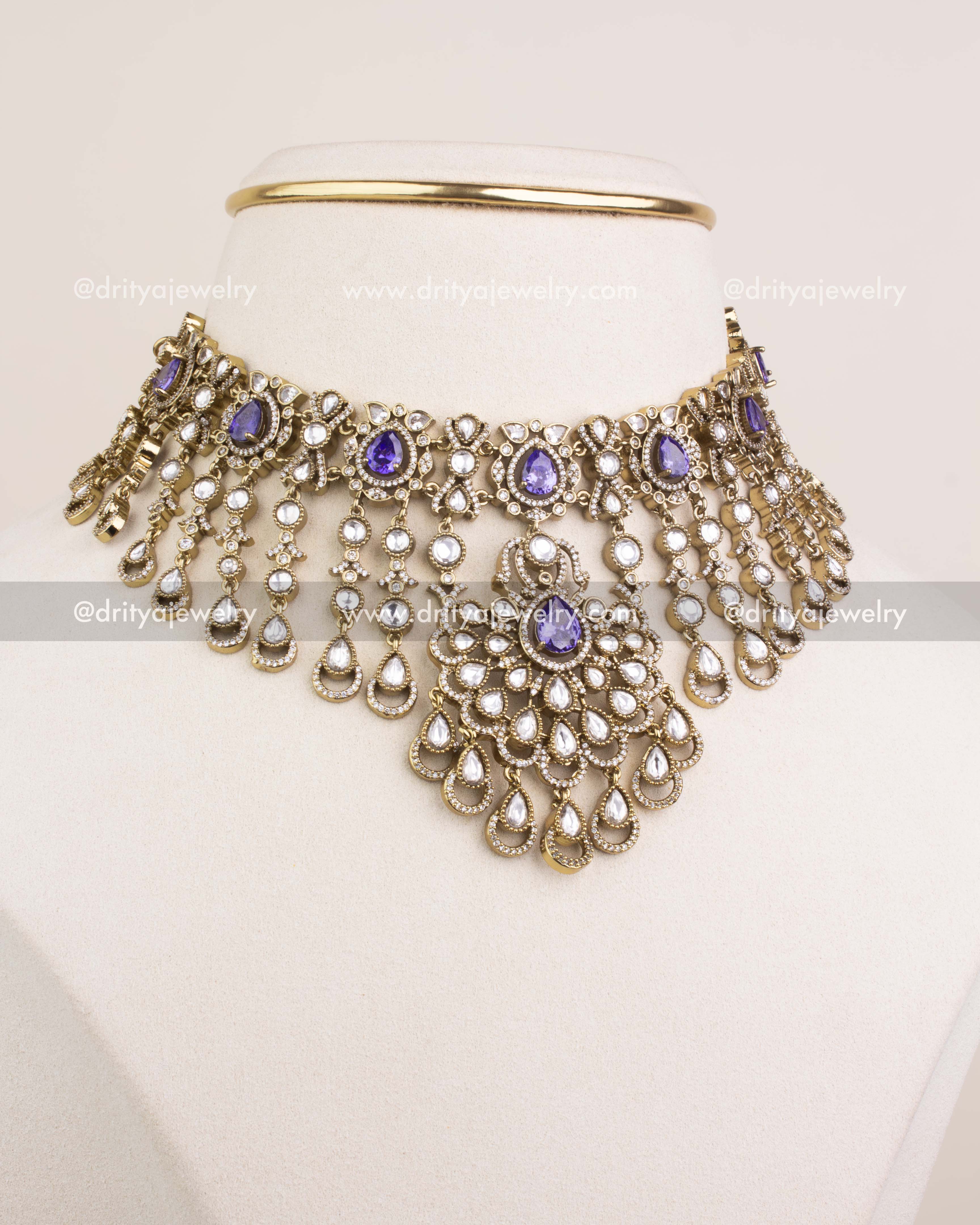 1237-PU front view of purple stone polki kundan bridal choker