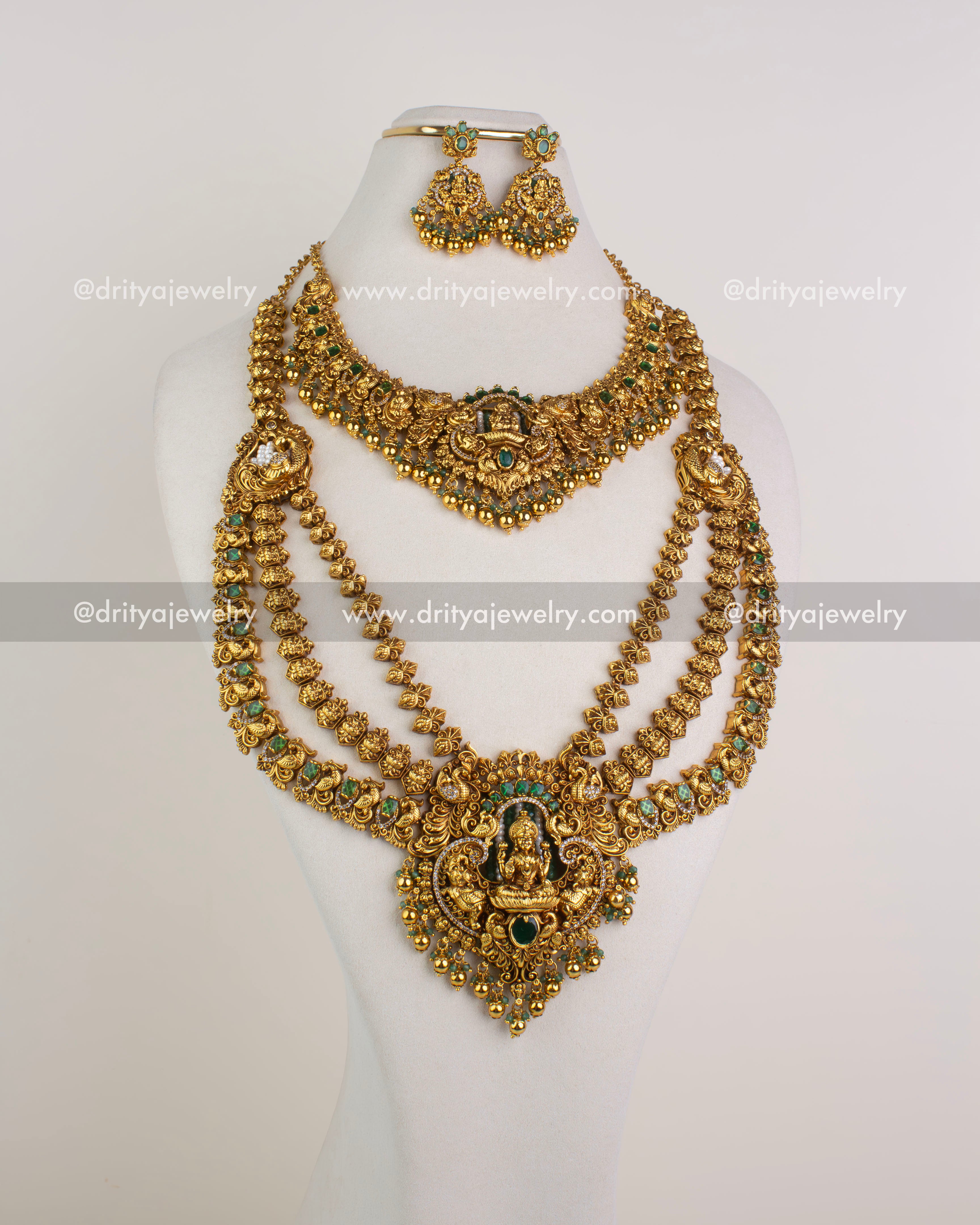Full display of premium bridal temple necklace combo with long and short necklaces and earrings 1244-SET