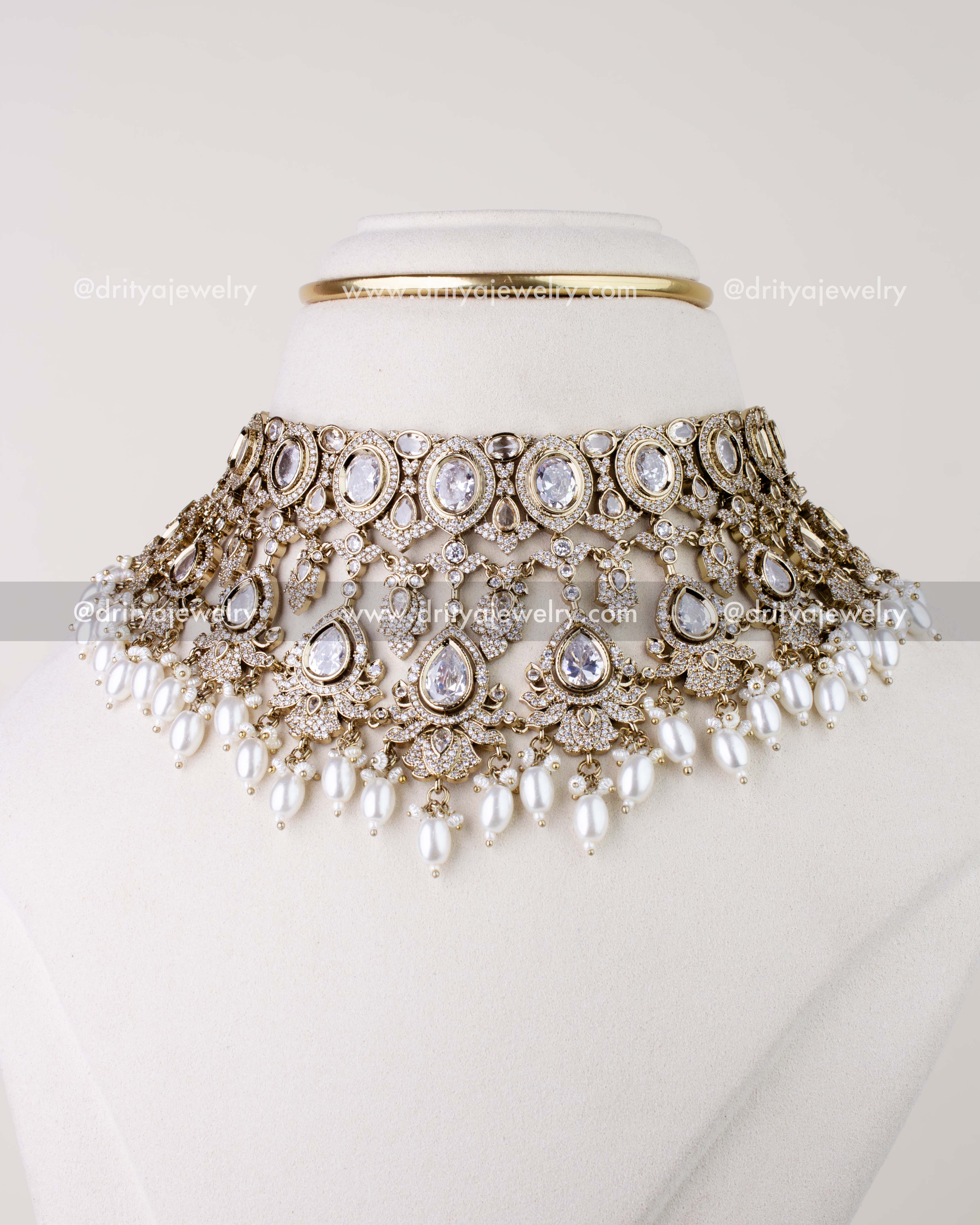 1275-W full front view of Victorian diamond white choker necklace with pearl fringe