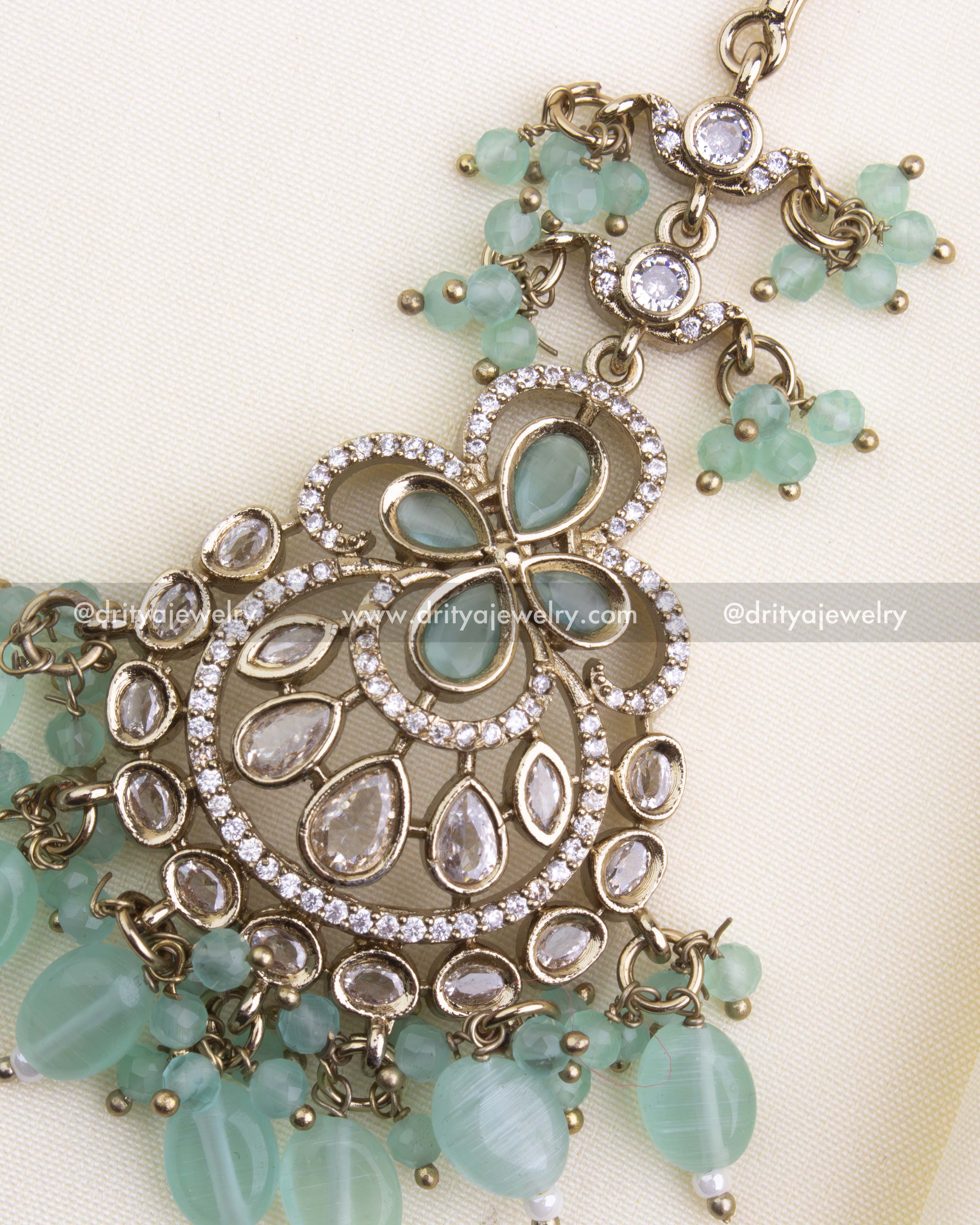 610-MG close-up of Victorian maang tikka showing stone-studded detailing and mint green bead drops