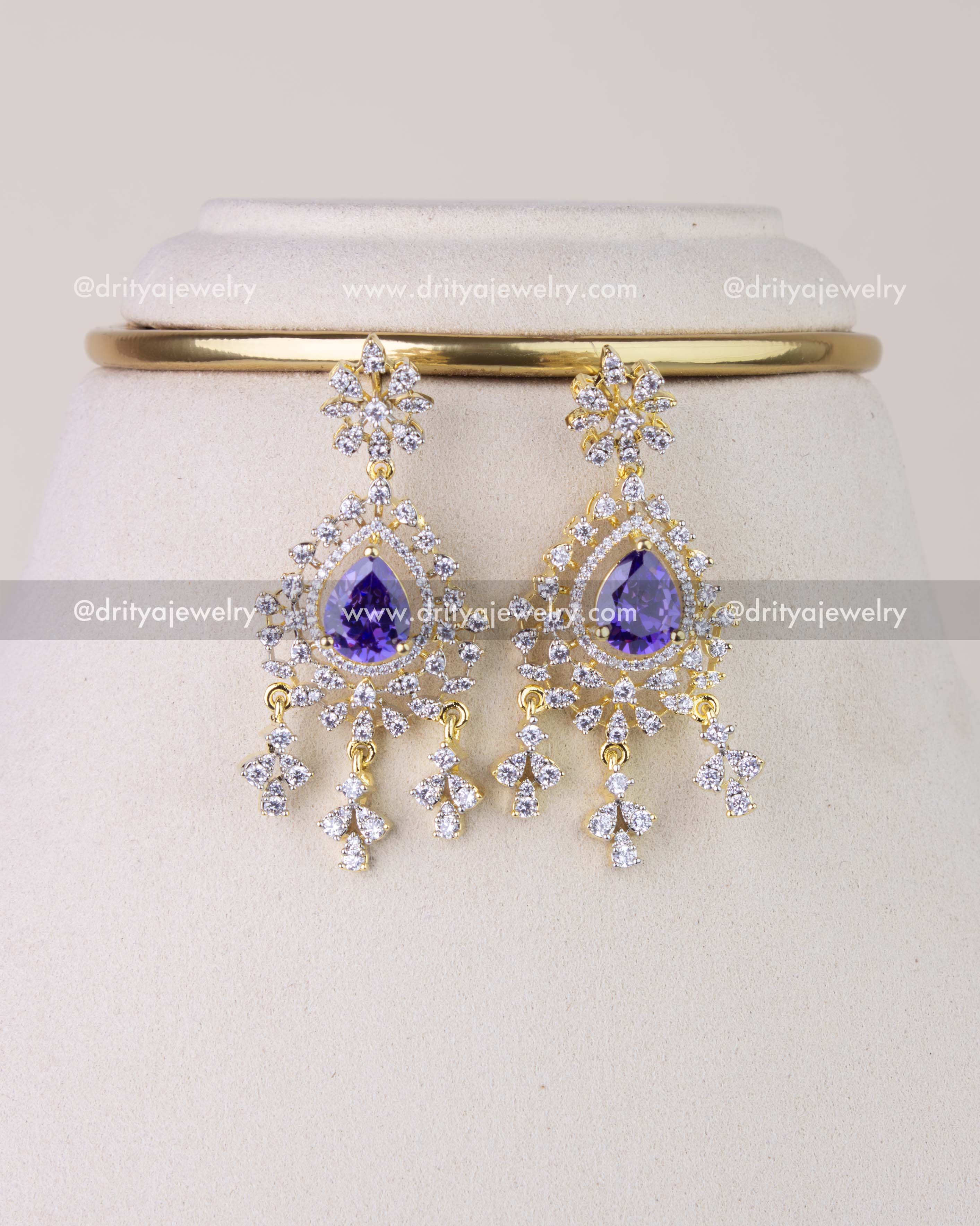 1278-PU matching purple stone CZ dangler earrings close-up view