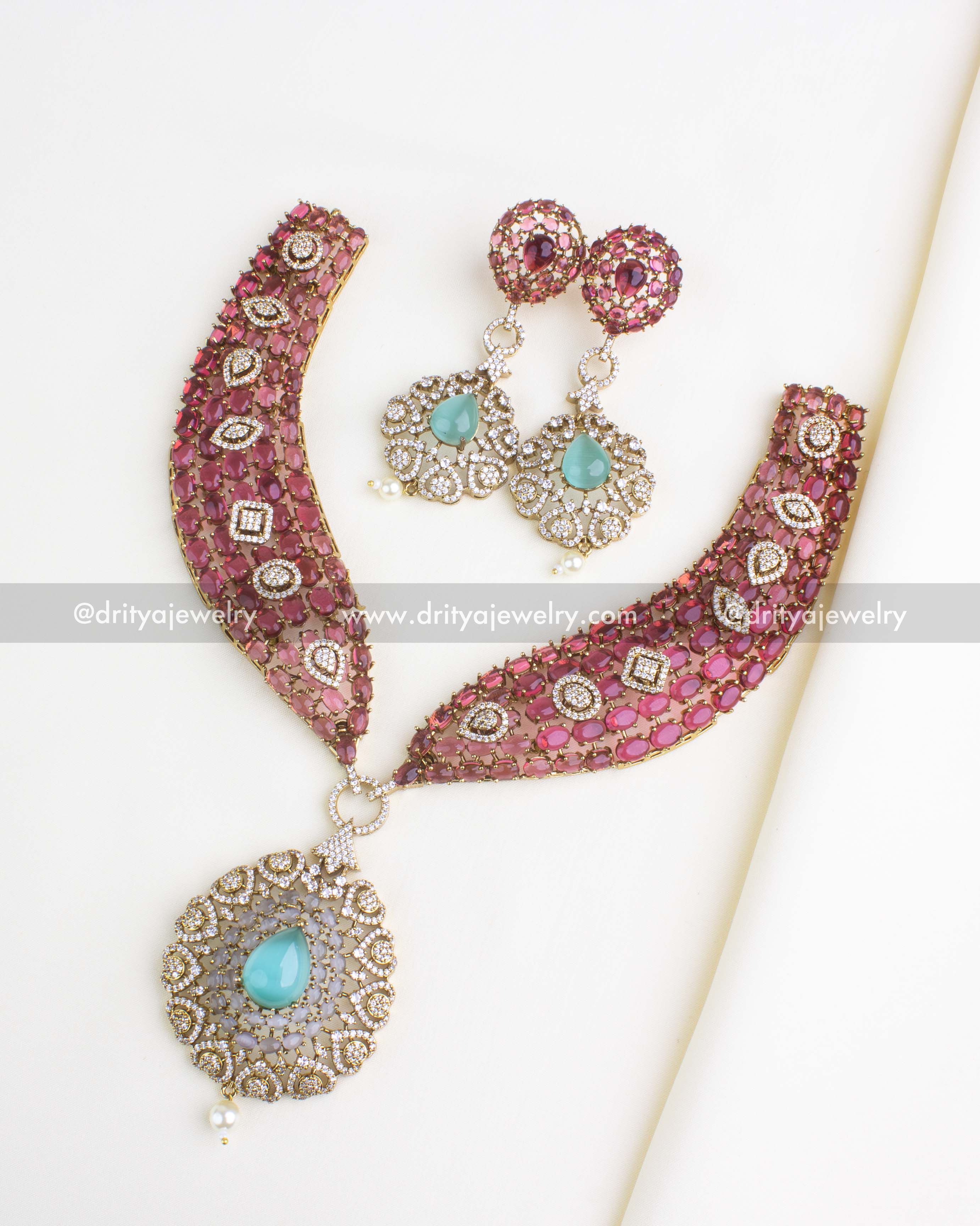 SKU 1110-PM - Necklace Set - Full set view showing pink stone necklace with matching mint drop earrings