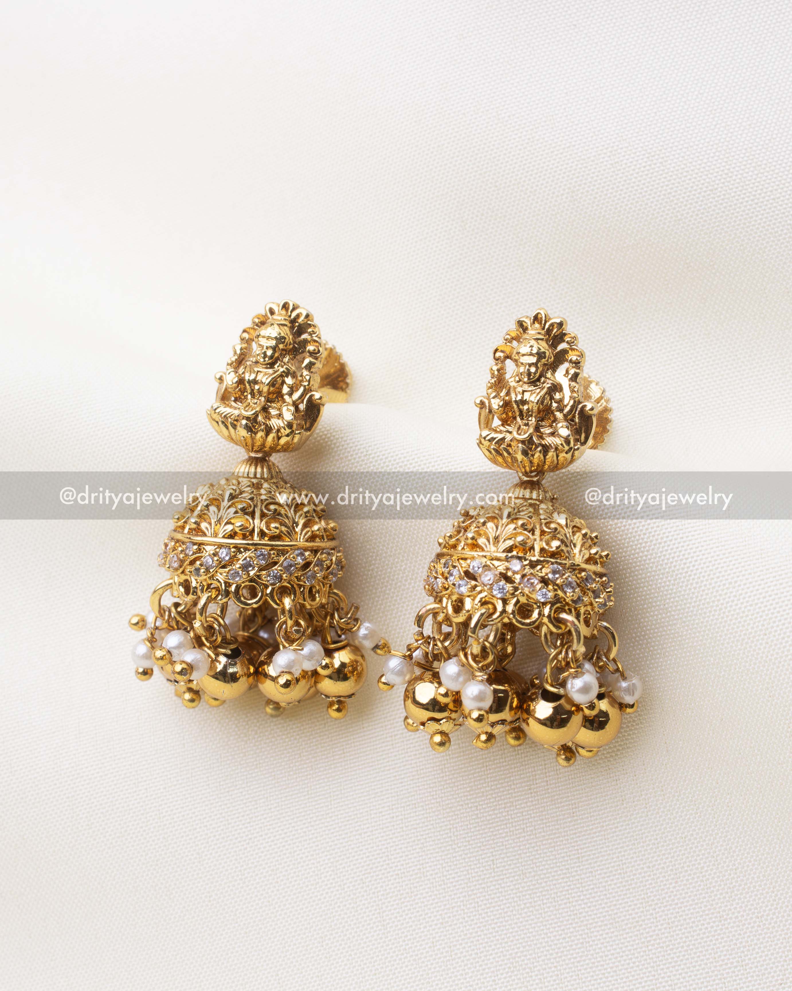 1101-W Lakshmi temple jhumka earrings close-up front view