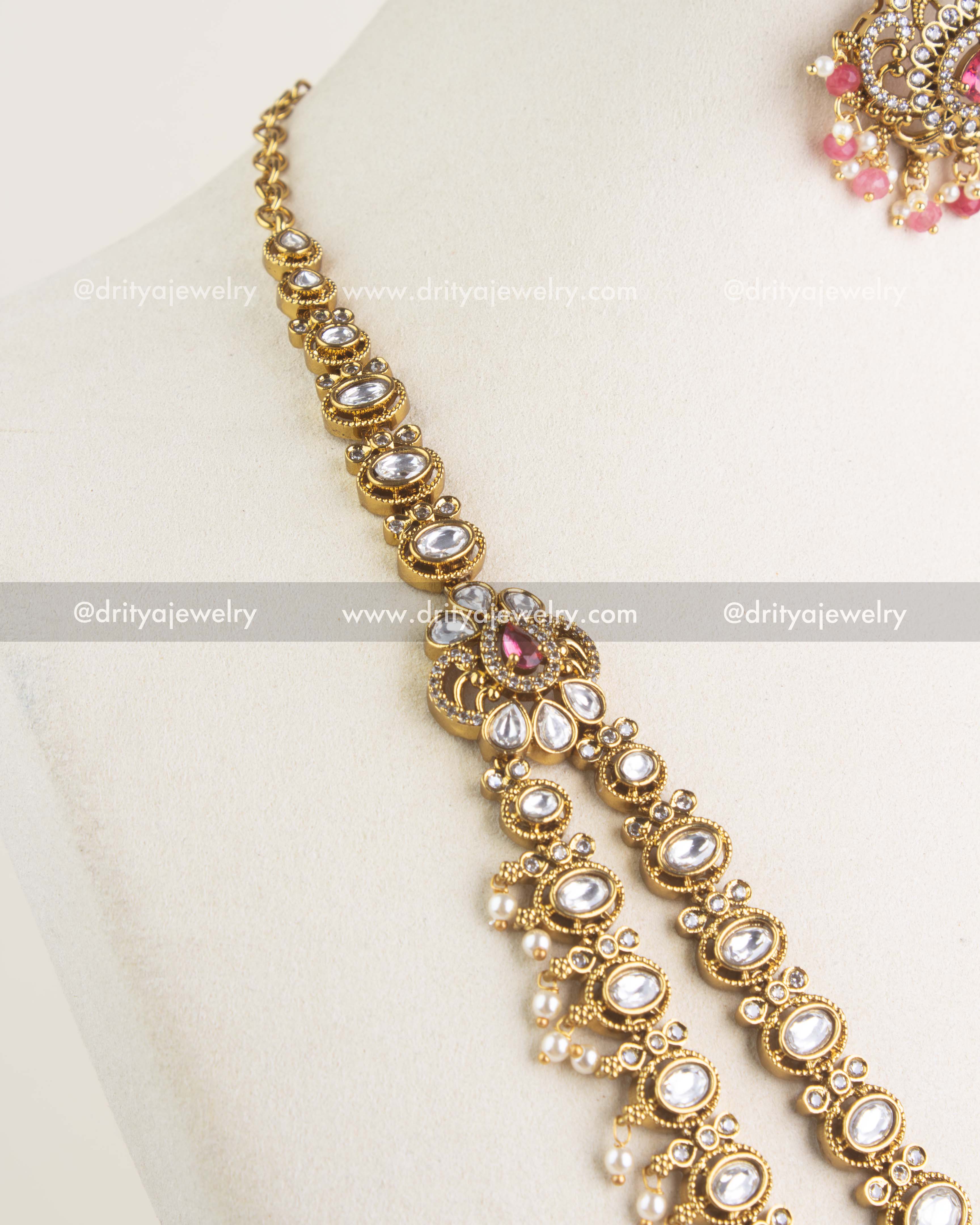 1156-R - Necklace Set - Close-up side view of layered kundan long necklace strand