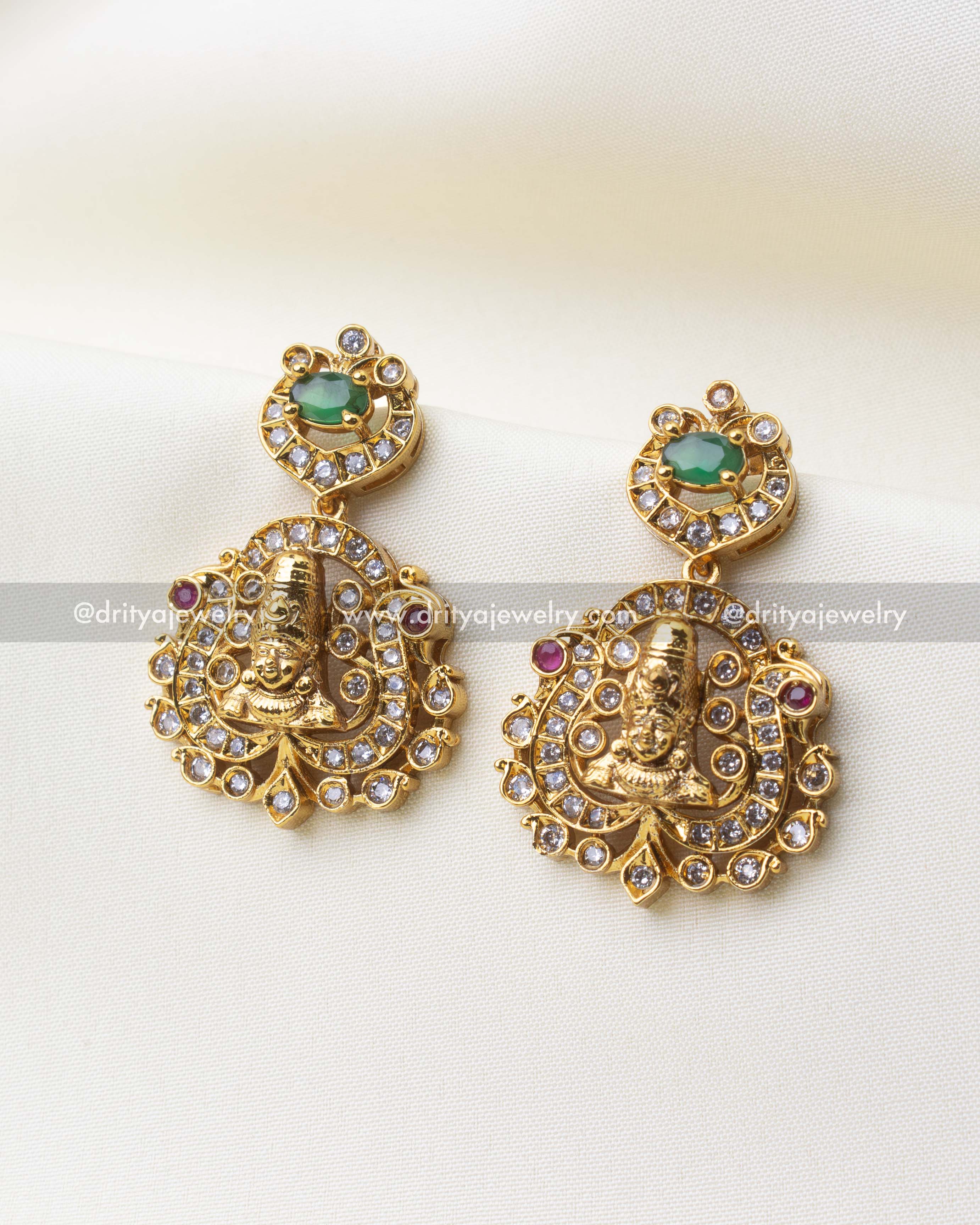 1223-G Venkateswara CZ earrings front view with green and white stones
