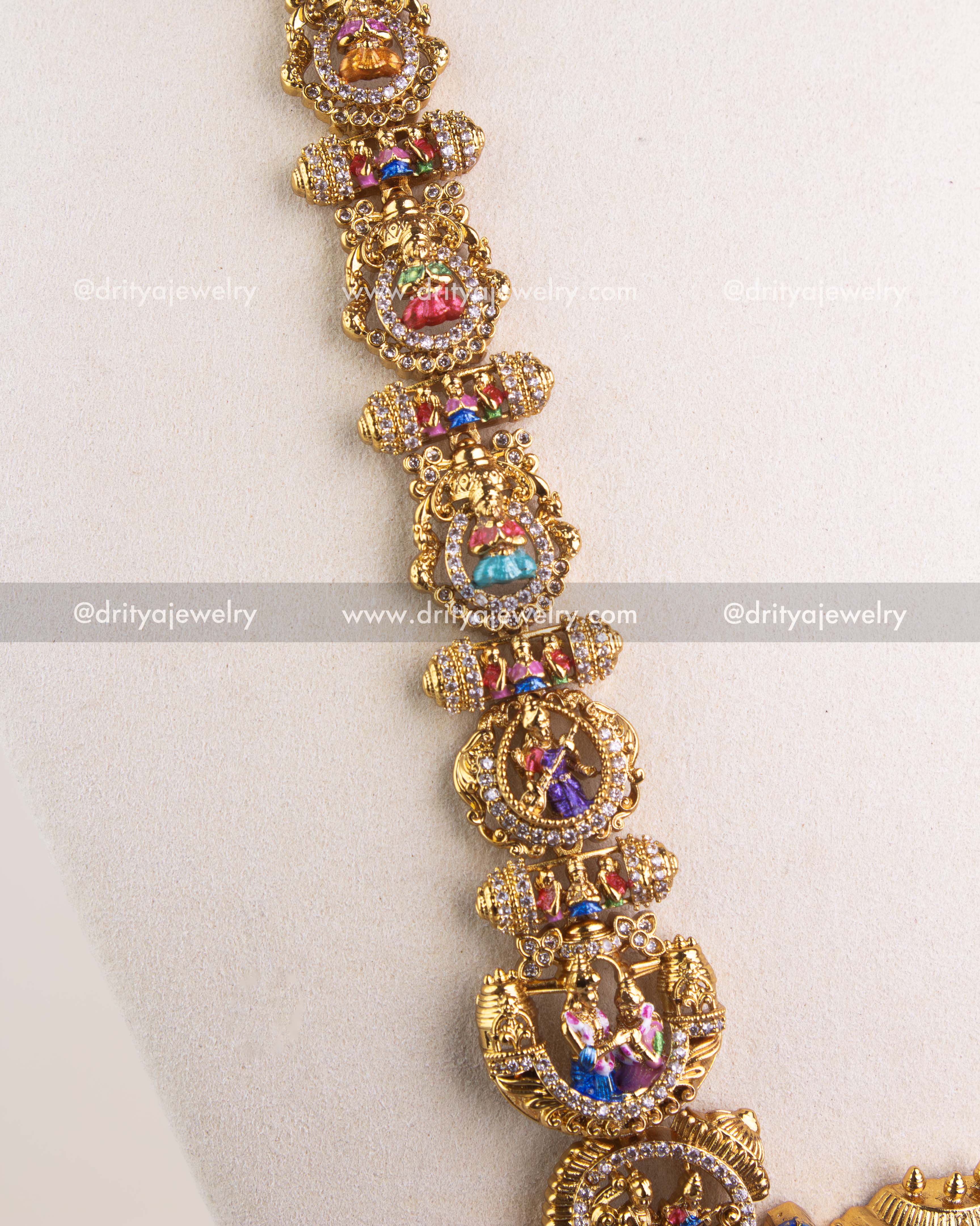 SKU 1246 - Detailed view of long necklace links with colourful meenakari deity motifs