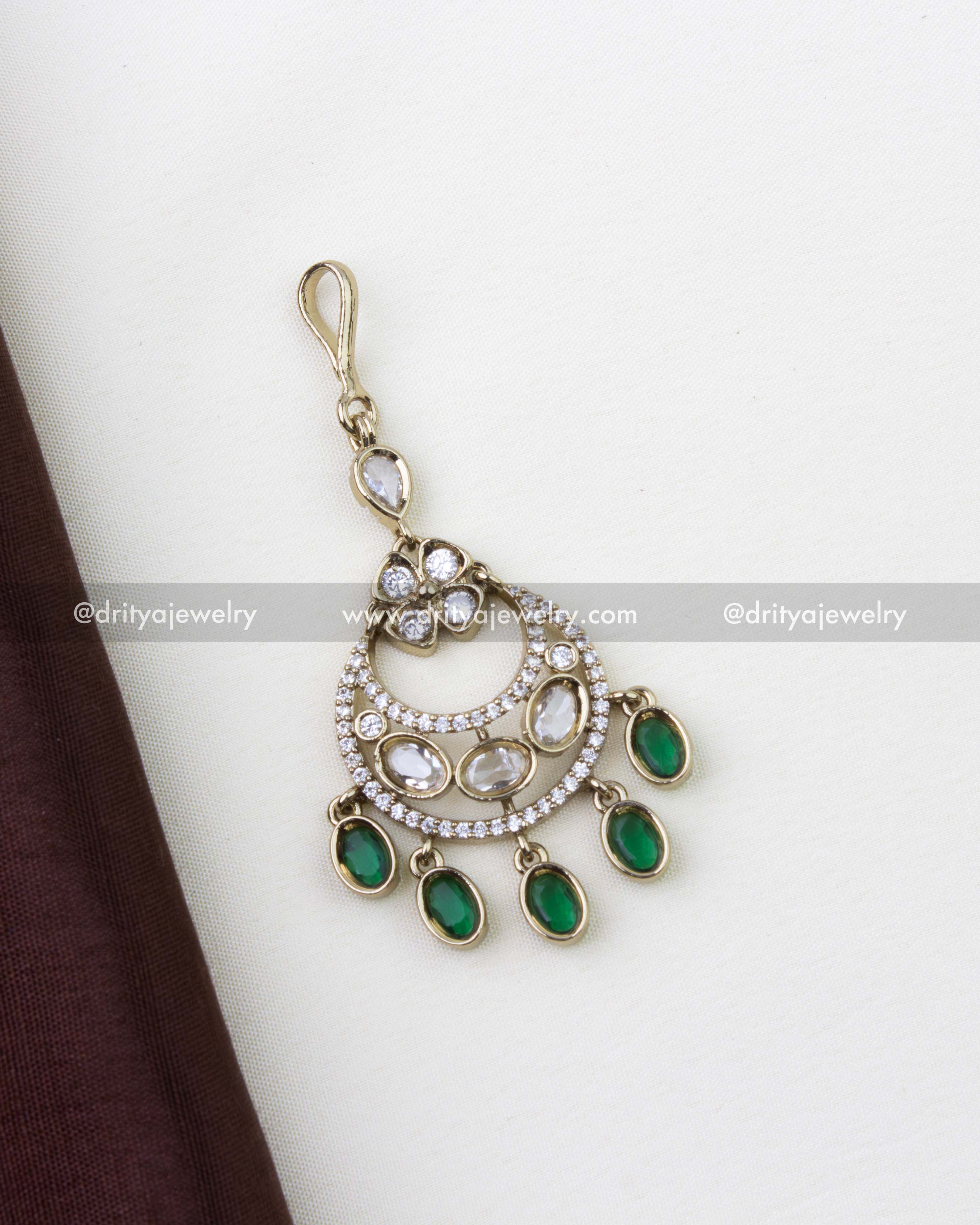 Victorian-style emerald green AD stone maang tikka front view, SKU 1260-G