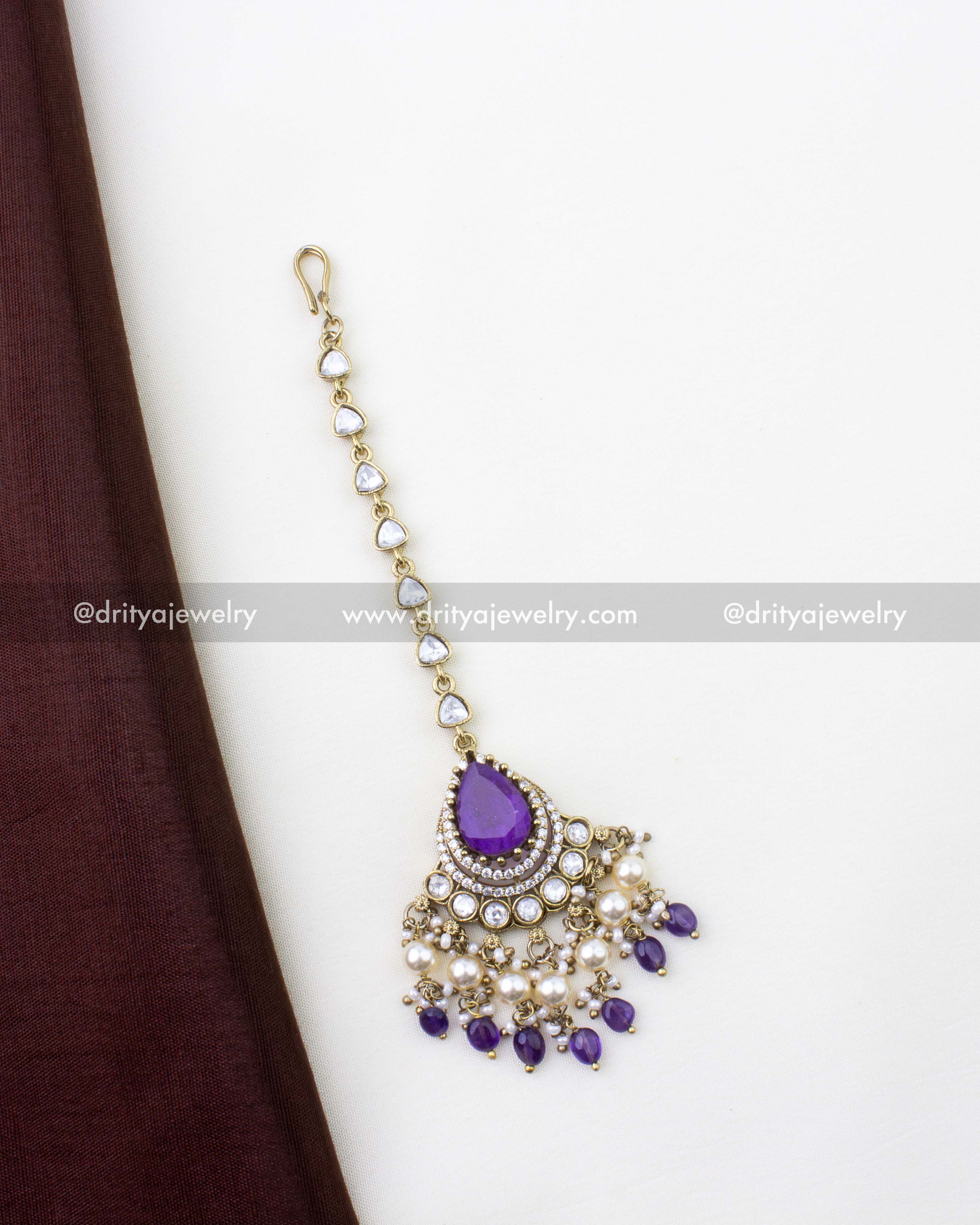 1285-PU premium purple Polki Kundan maang tikka full view with pearl and bead drops