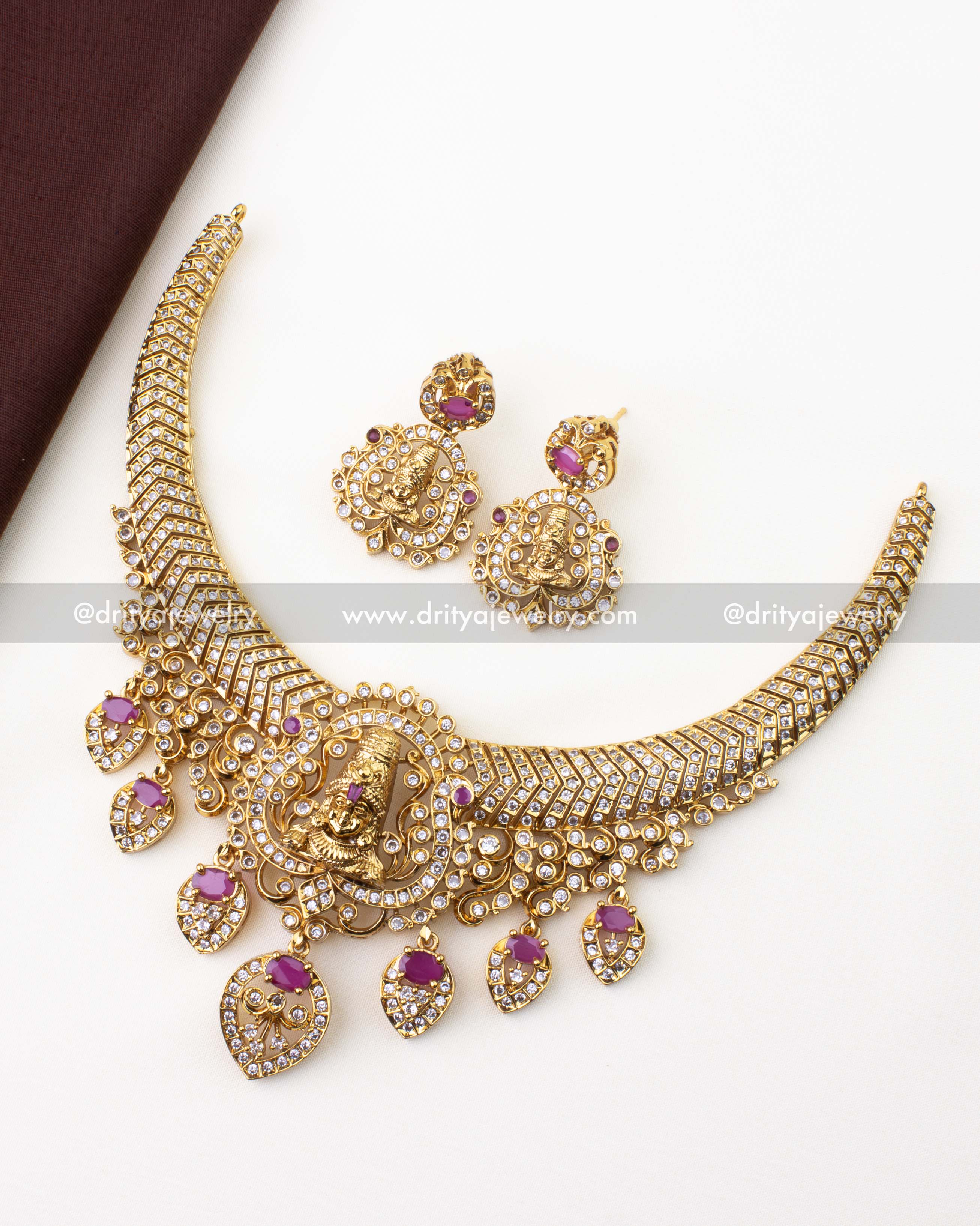 1223-R complete Venkateswara kanti necklace set with earrings laid flat