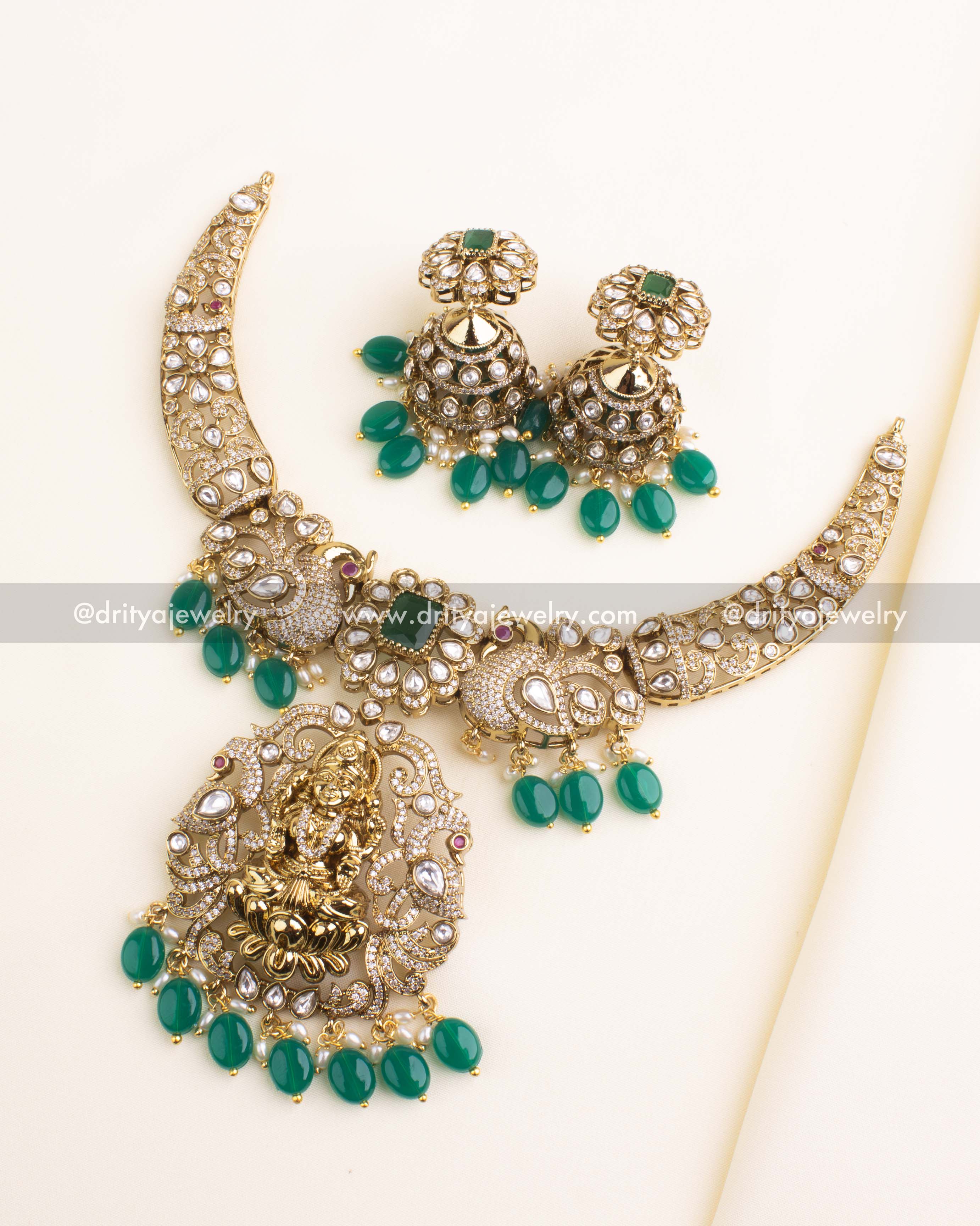 1157 Necklace Set full view of temple necklace and matching emerald jhumka earrings