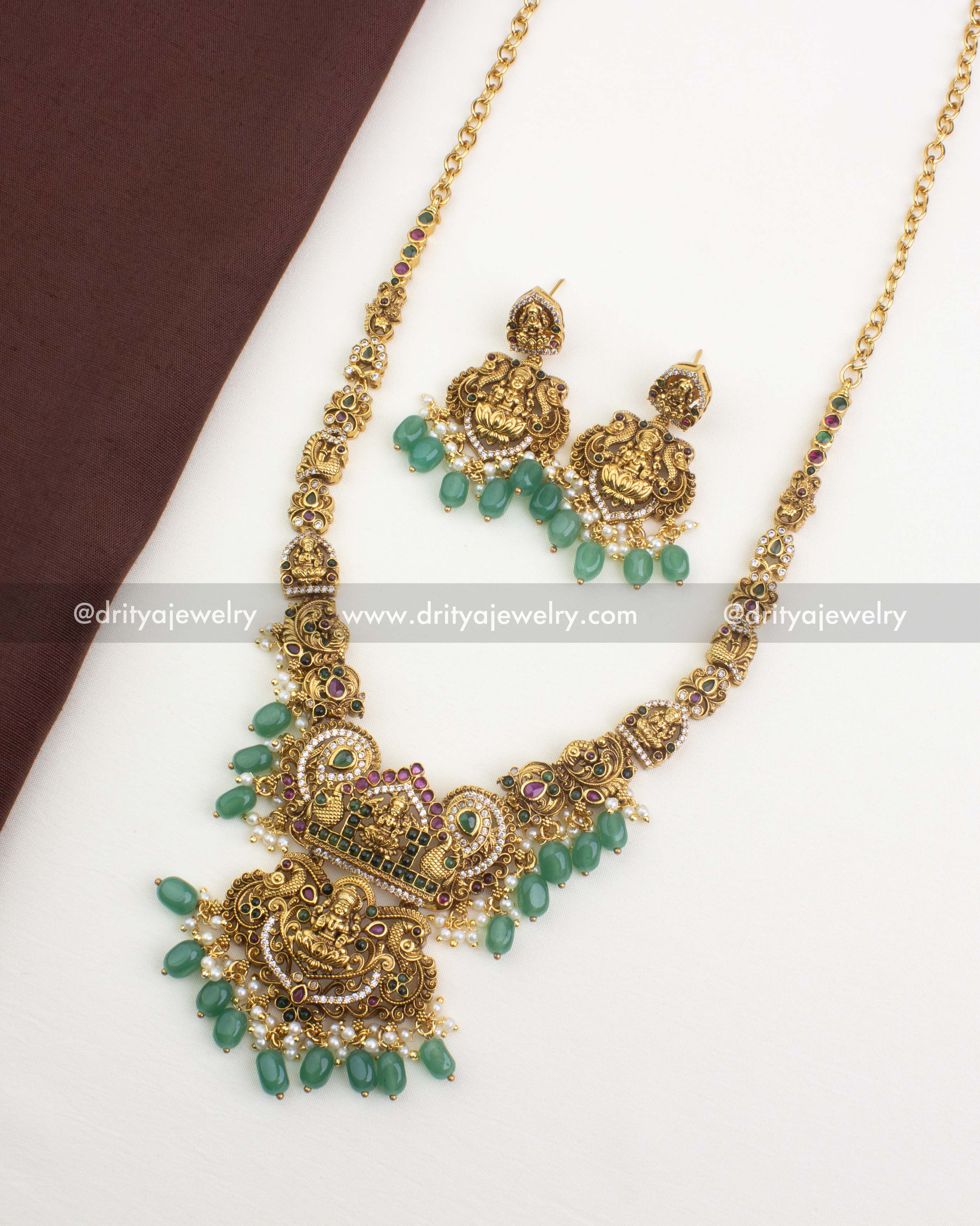 1249-G premium temple short necklace set with matching earrings and green beads