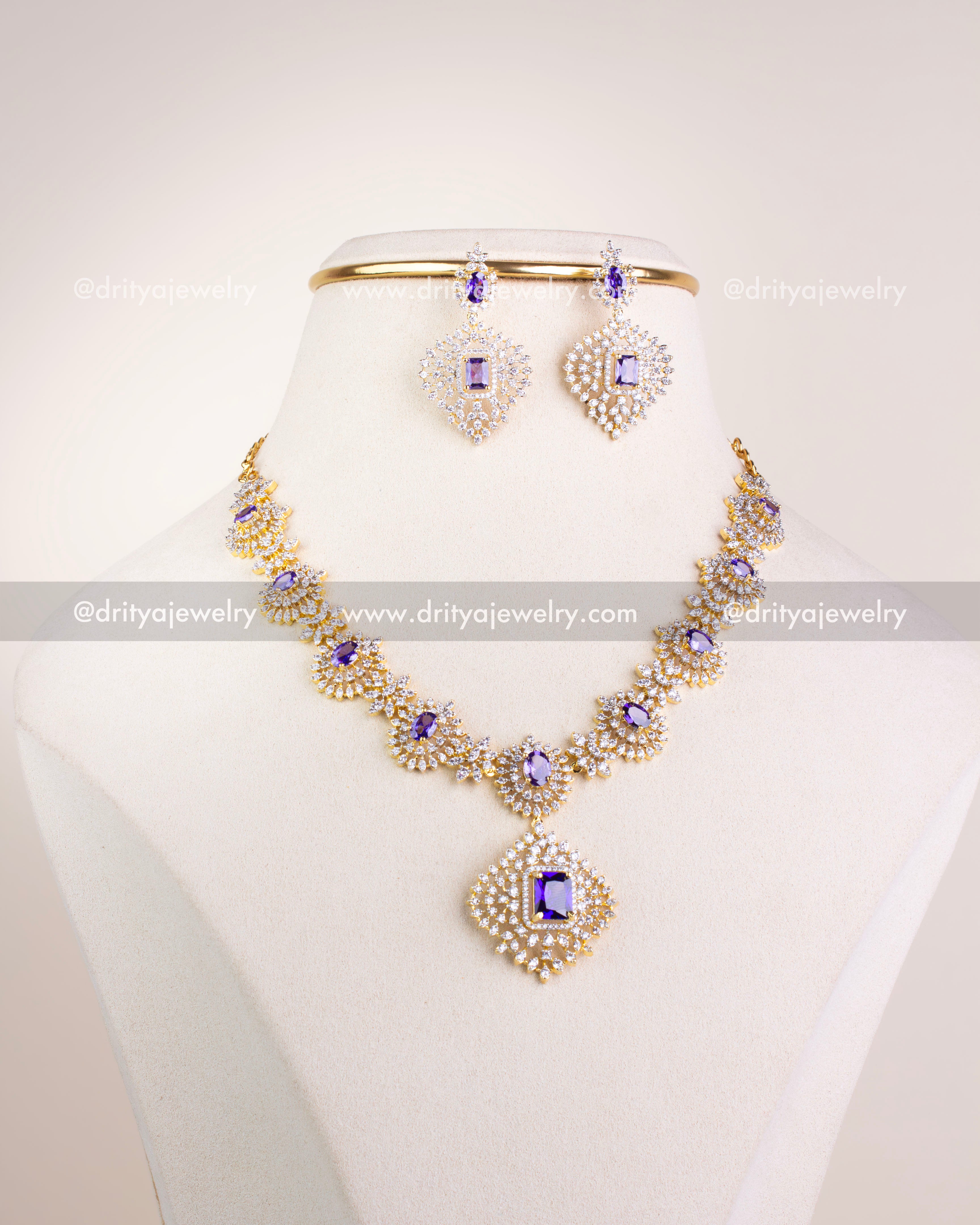 1210-PU complete premium purple CZ necklace set with earrings and maang tikka