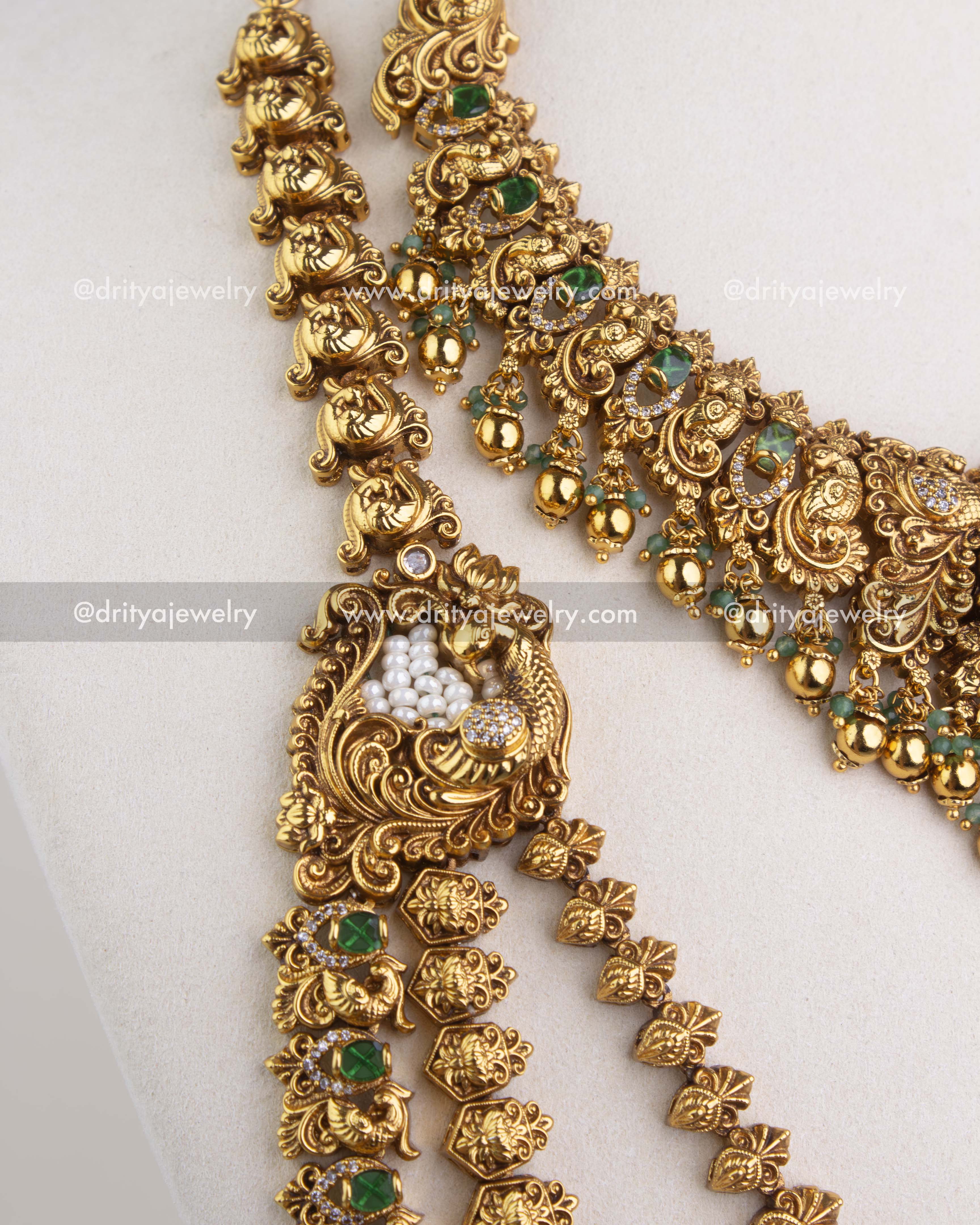 Close view of side motifs and chain design of bridal long temple necklace 1244-SET