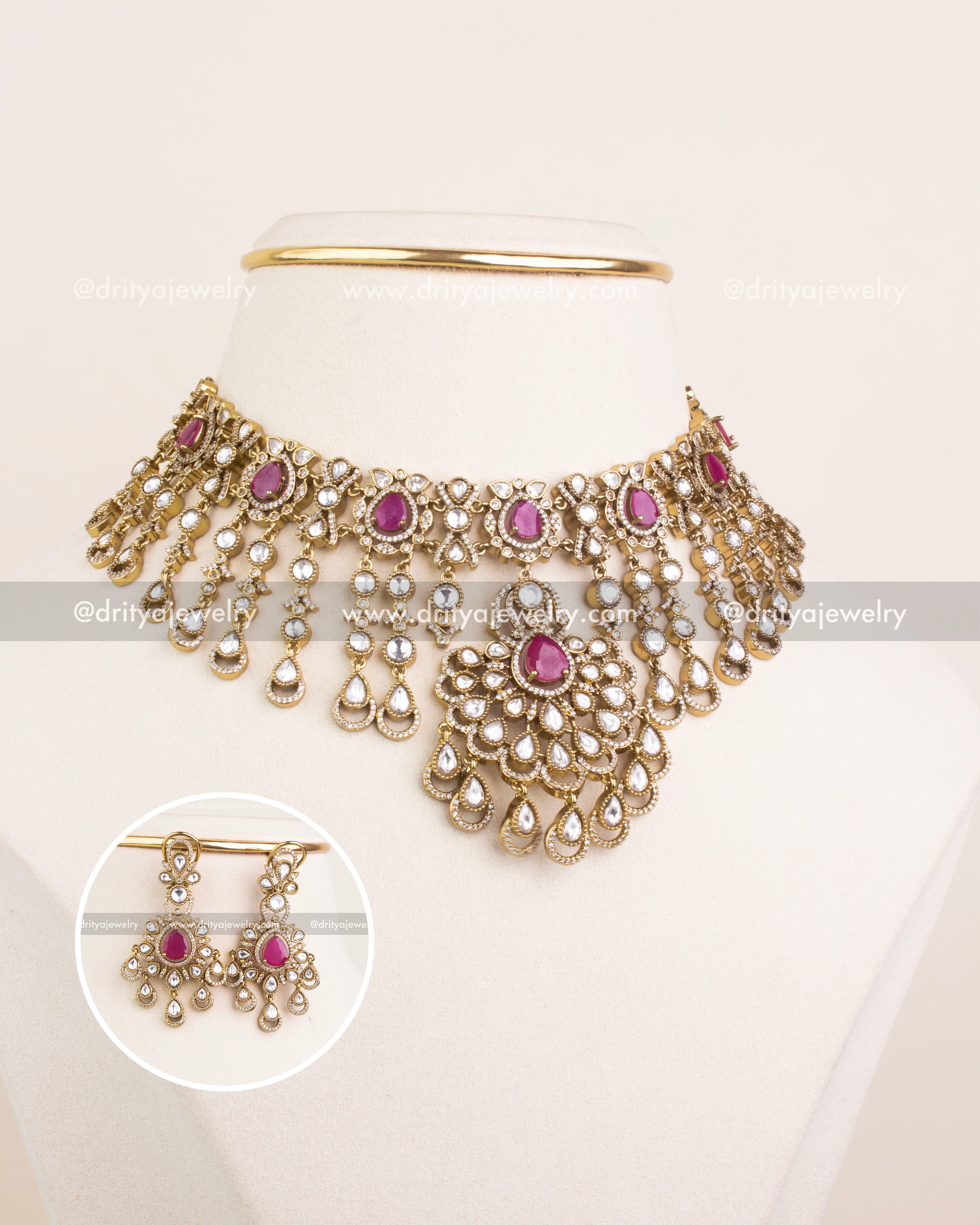 1237-P ruby pink Polki kundan choker necklace set with earrings front view on display bust