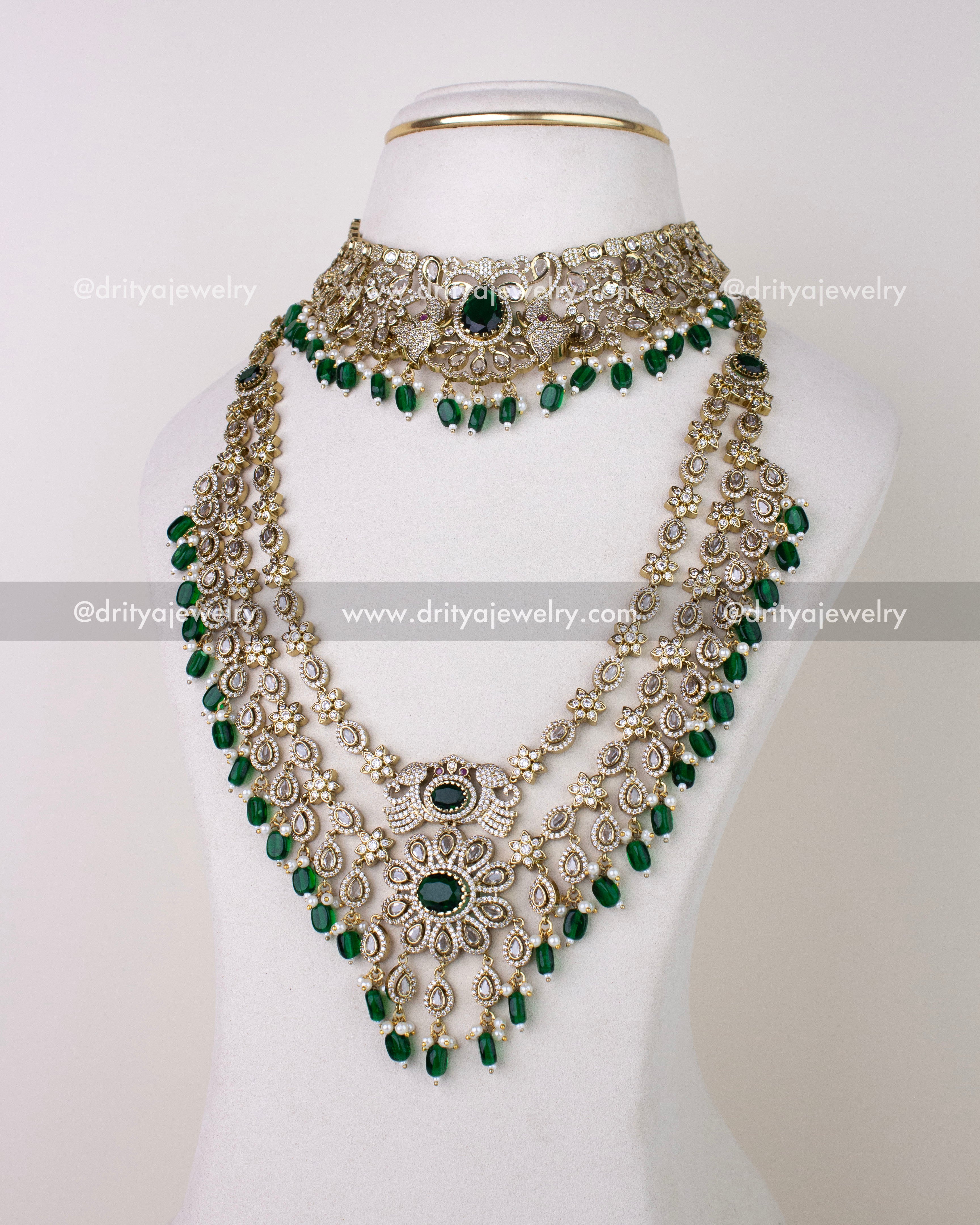 1309-GSET layered long necklace and choker set full front view on bust