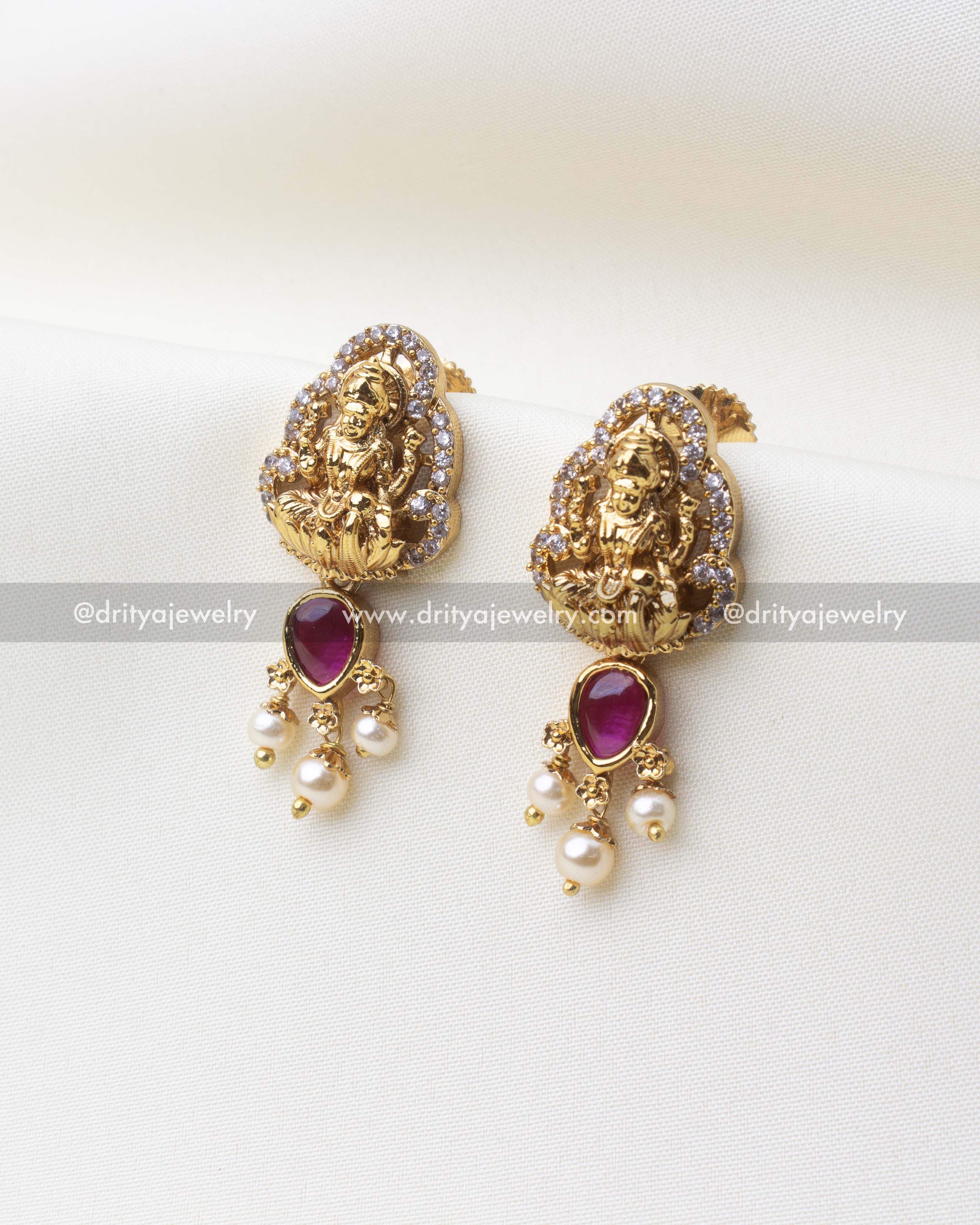 1216-R Lakshmi temple stud earrings with ruby stones and pearl drops front view