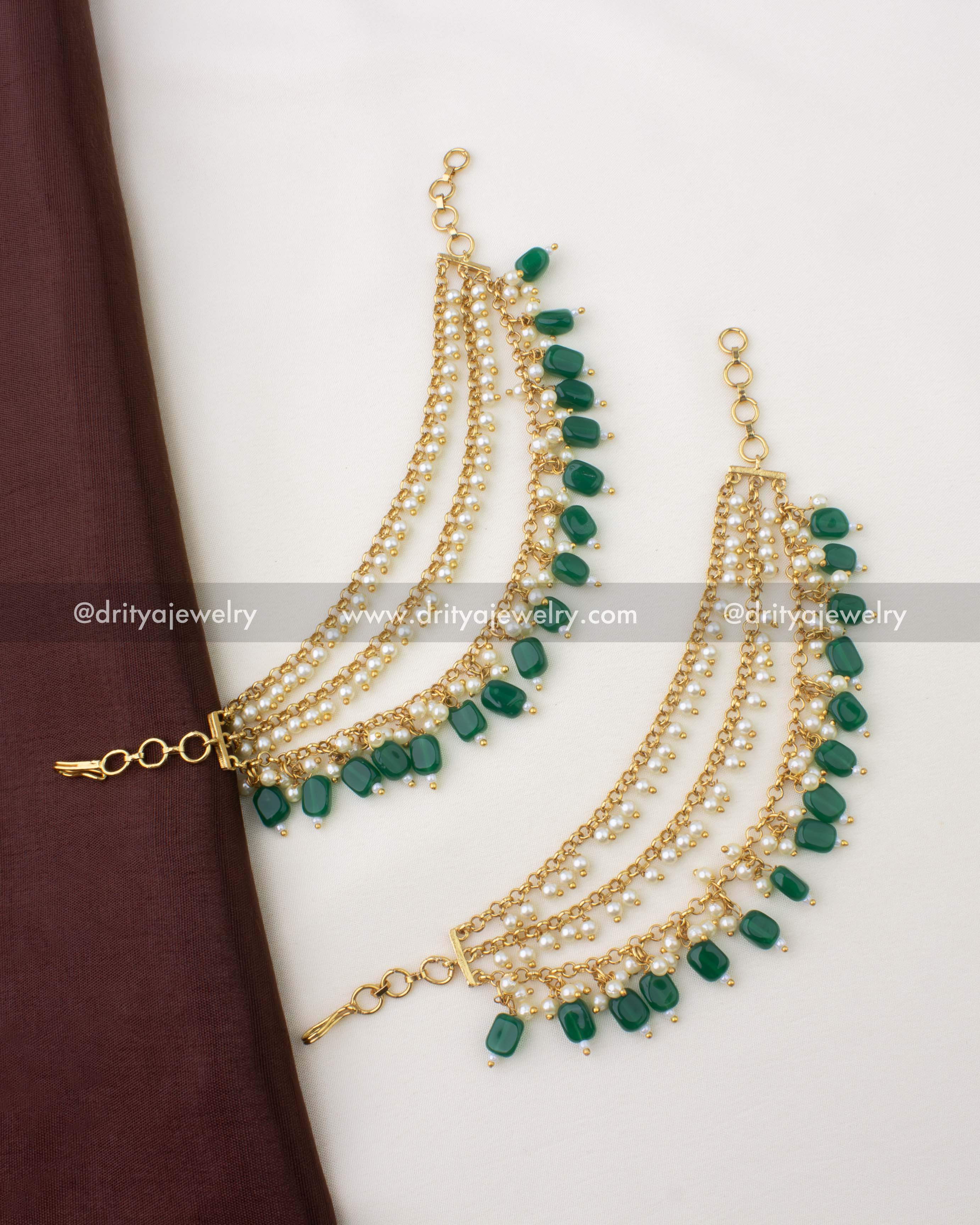 SKU 1292 pair of emerald and pearl champaswaralu ear chains laid flat showing full design