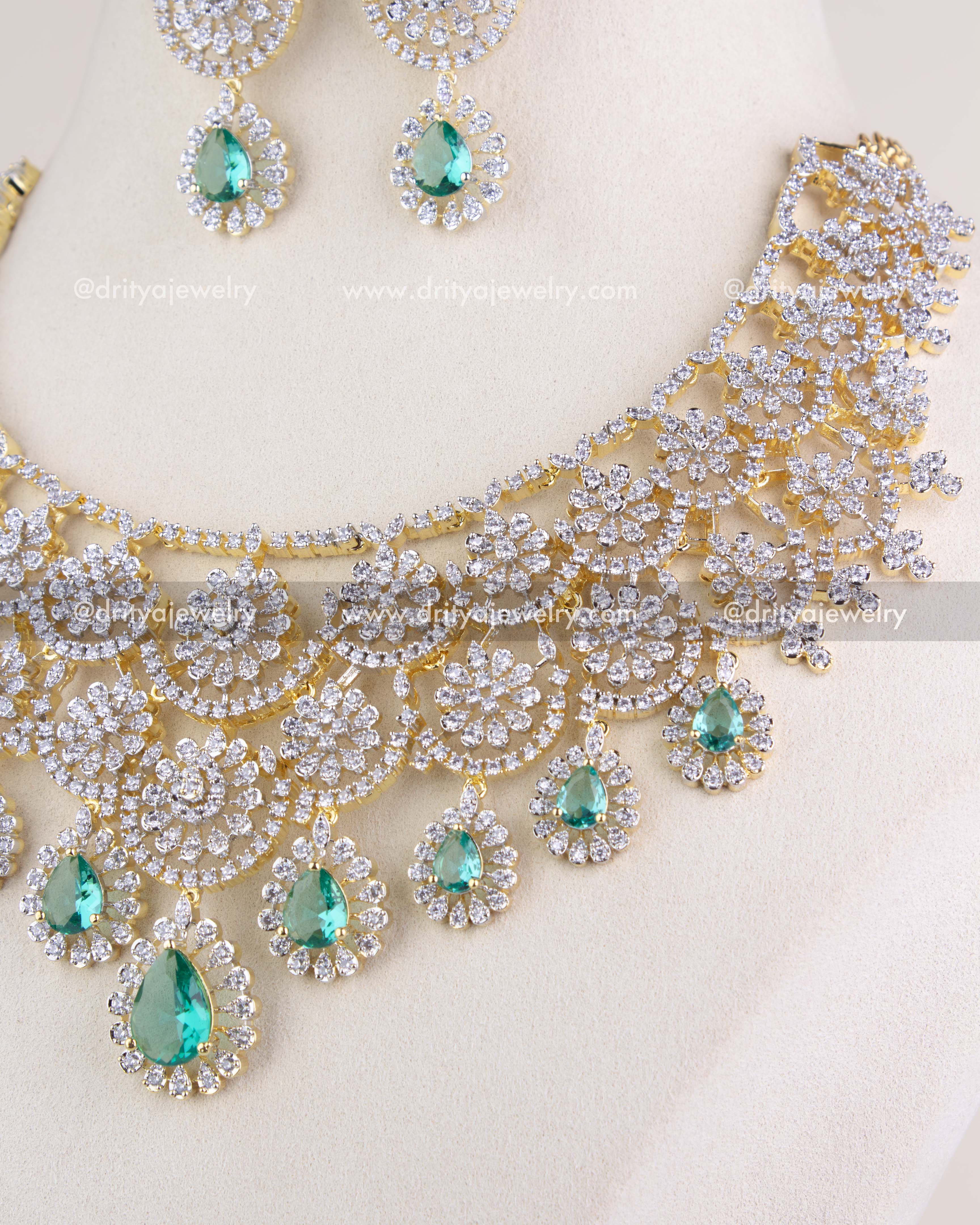 1209-RE bridal necklace set with layered CZ florals and emerald drops