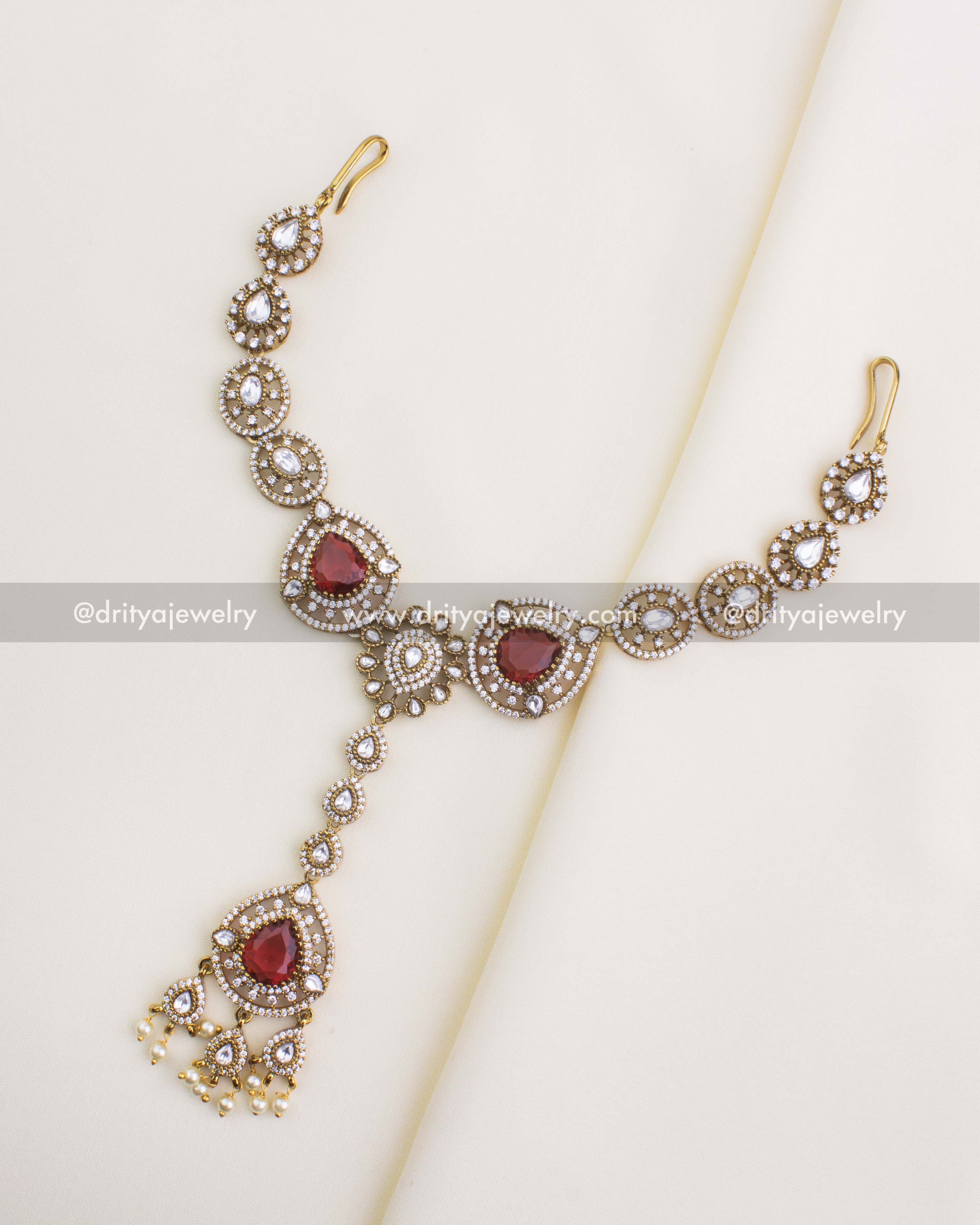 1112-R - Damini headpiece - full top view showing complete red polki kundan design