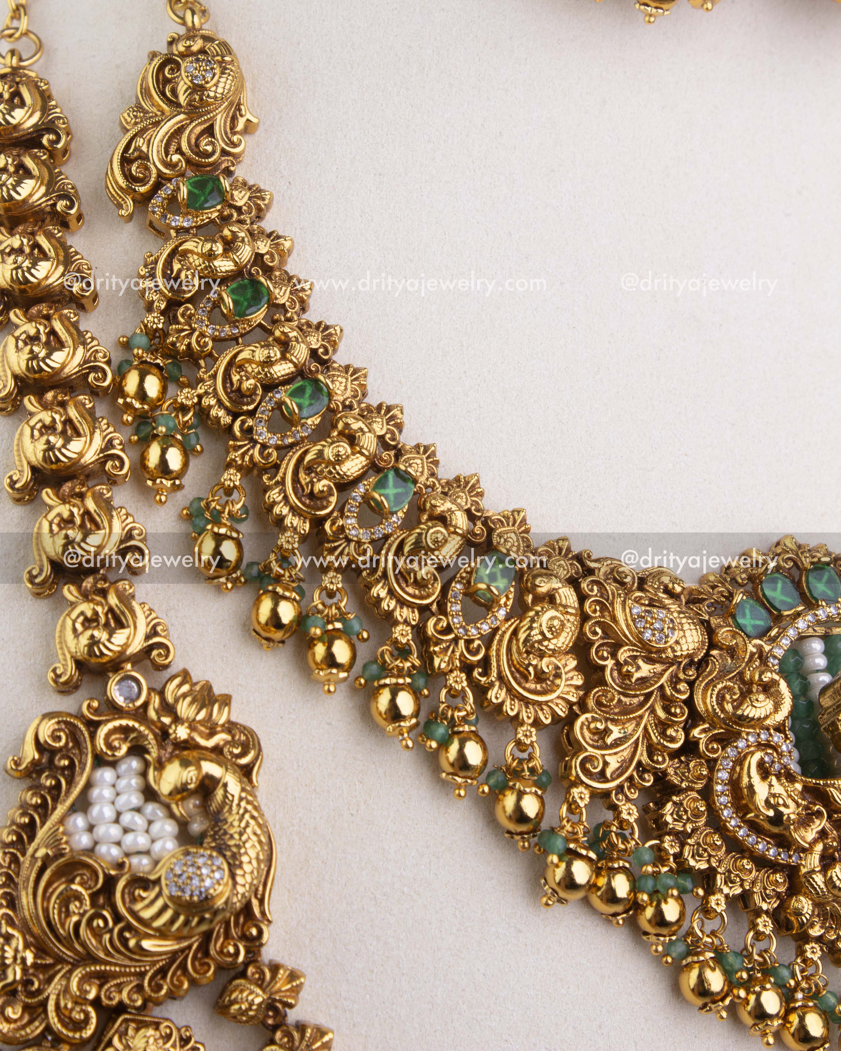 Detail of ornate temple necklace links with peacock motifs and bead drops 1244-SET