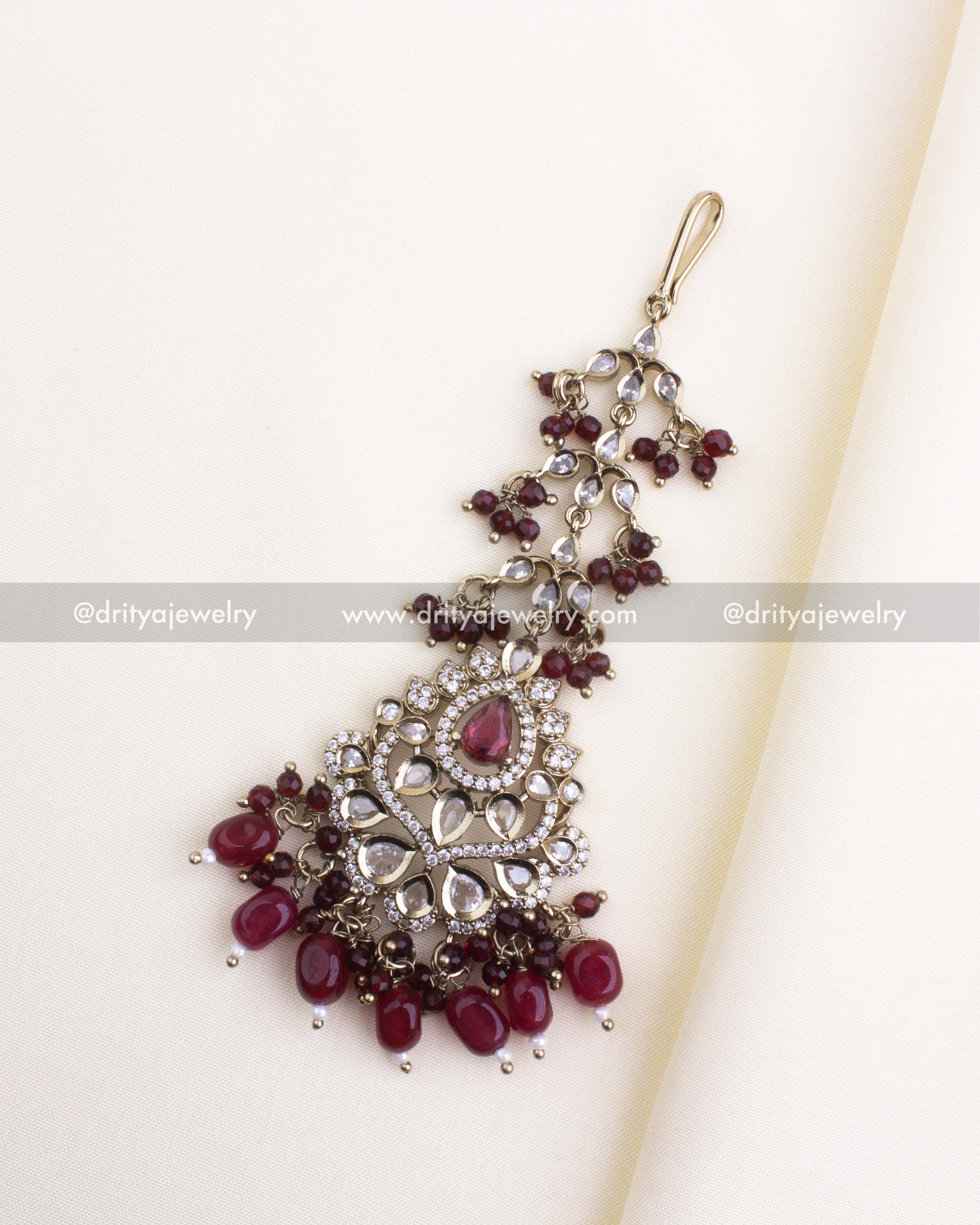 1133-R bridal red stone maang tikka full view showing chain and dangling bead hangings
