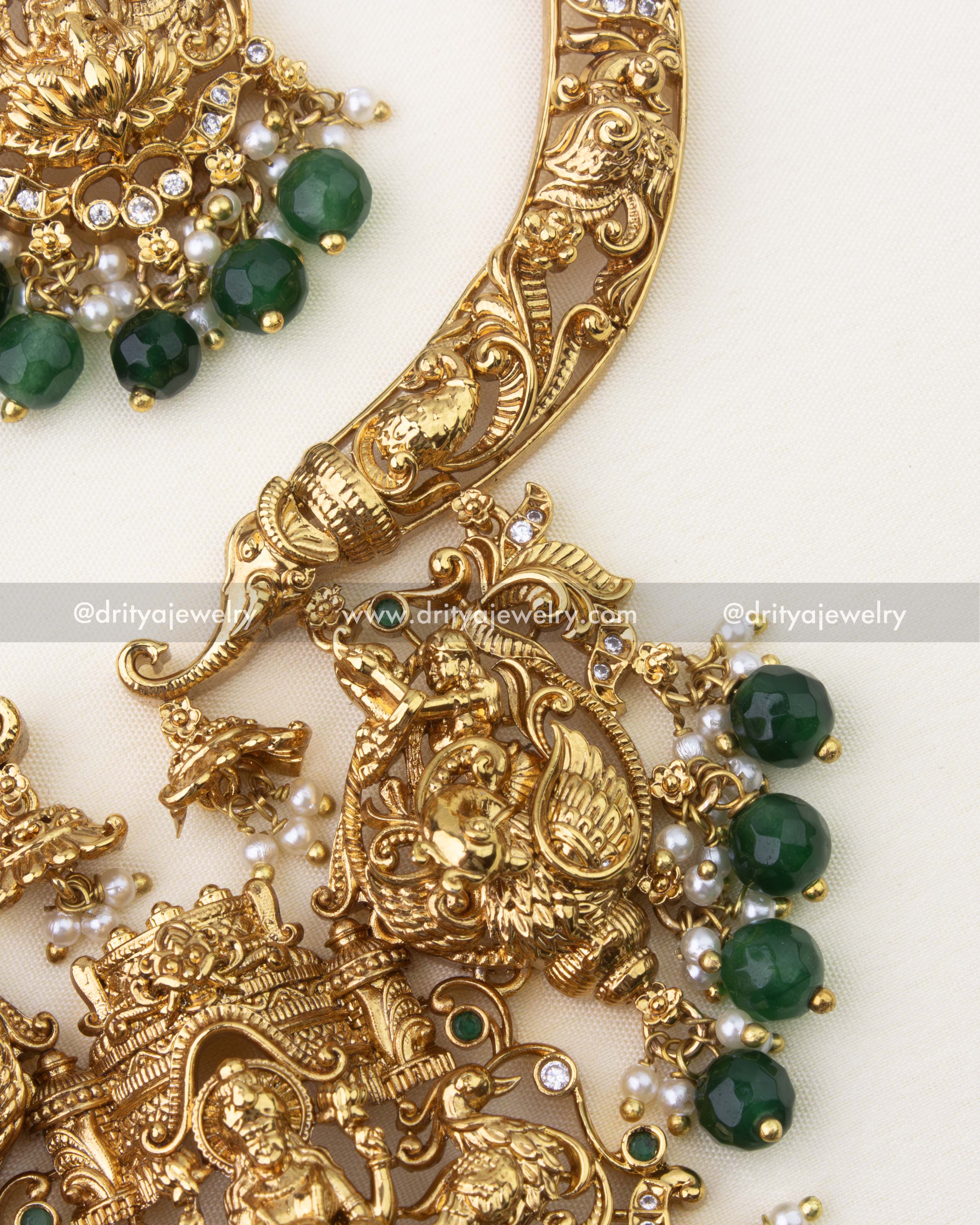 1263-G side view of necklace showing intricate nakshi work and green beads