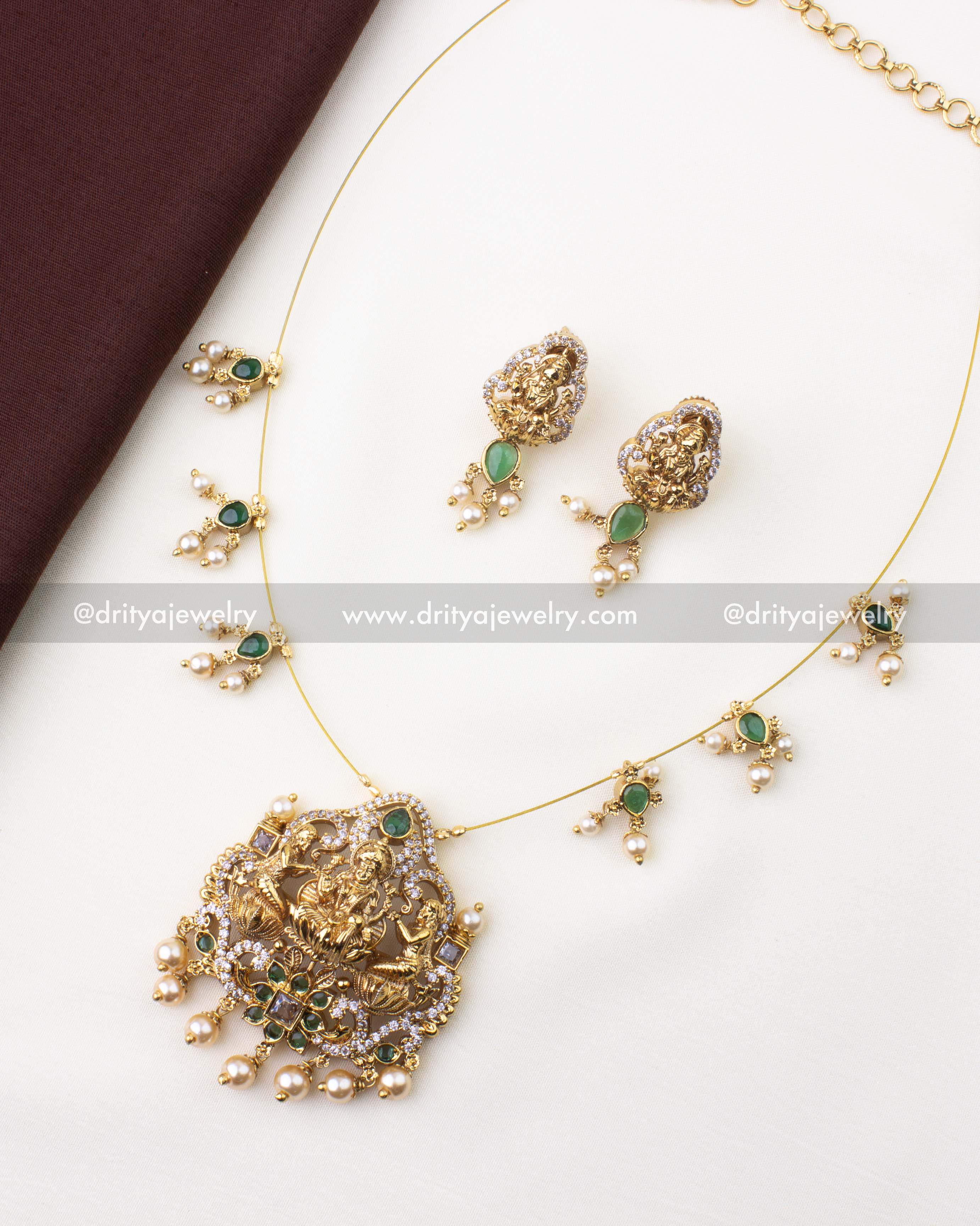 1216-G full temple invisible chain necklace set with Lakshmi pendant and matching studs