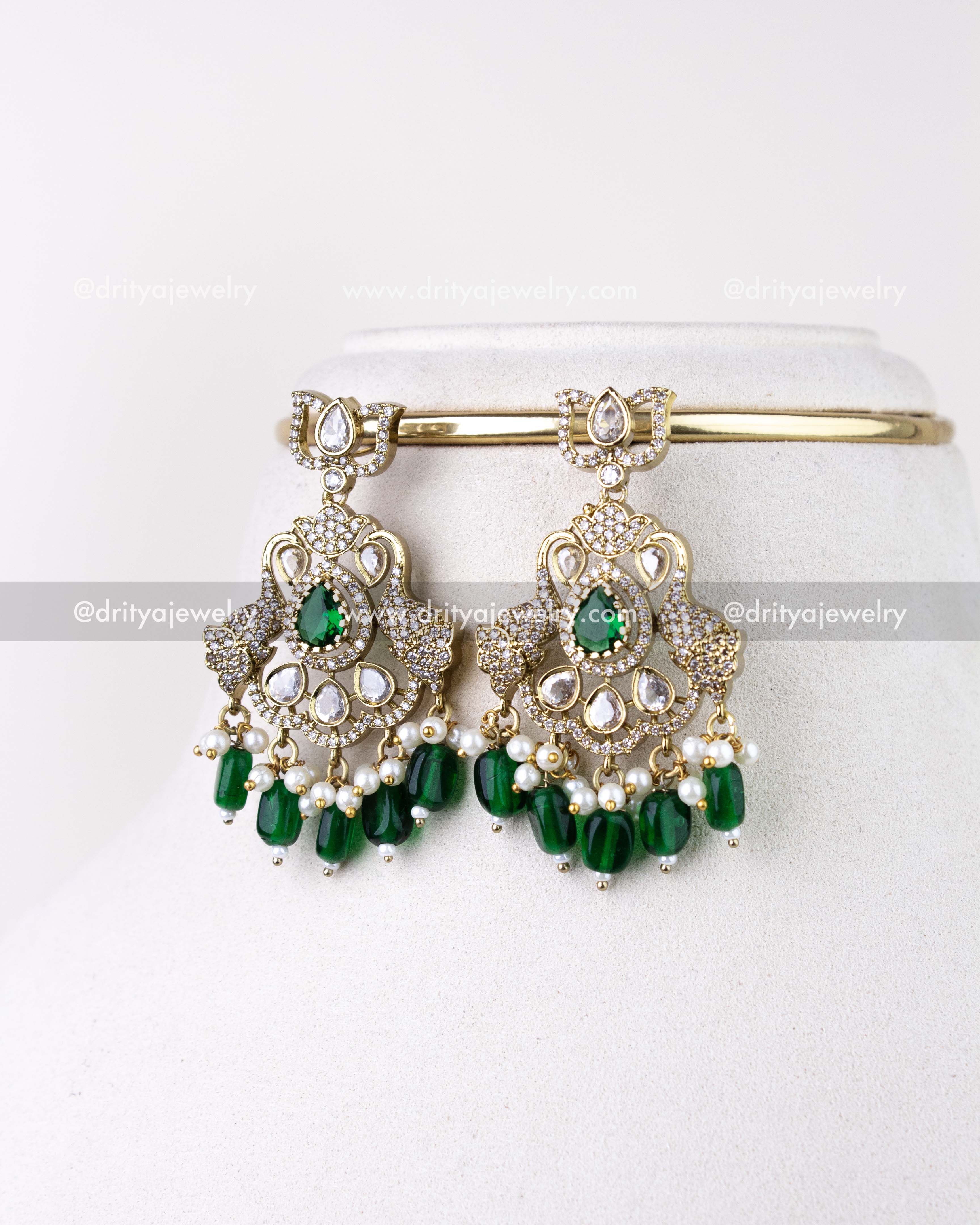 1309-GCN matching emerald green Victorian dangler earrings with bead drops