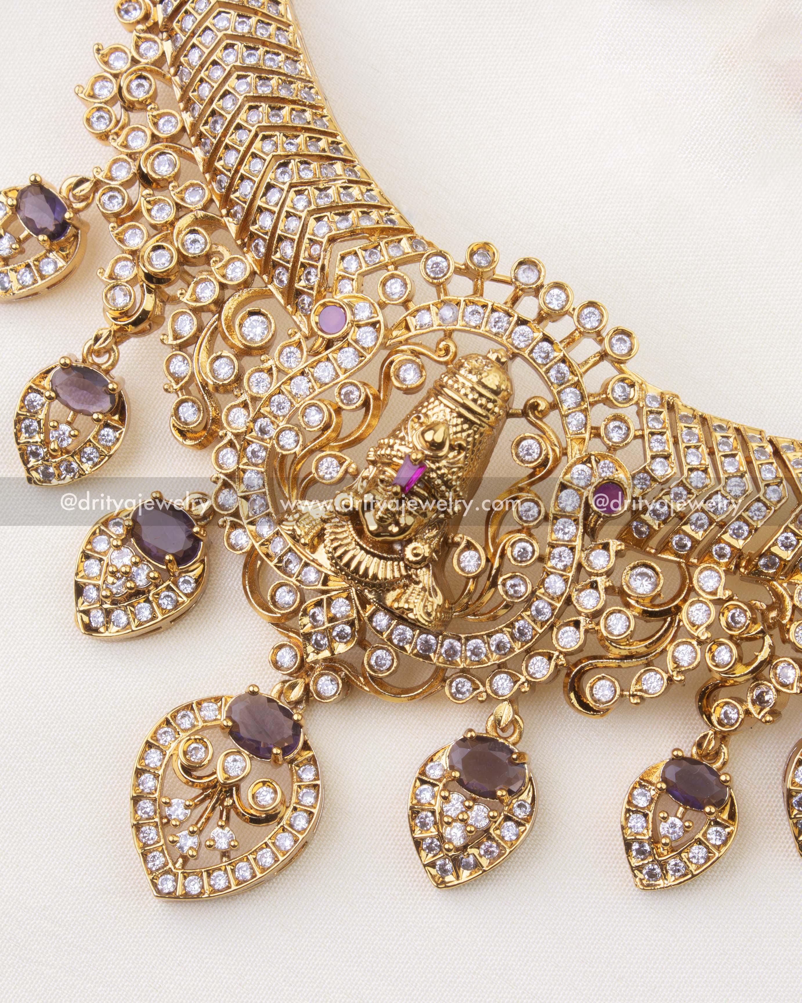 1223-PU close-up of Venkateswara pendant with purple stone drops