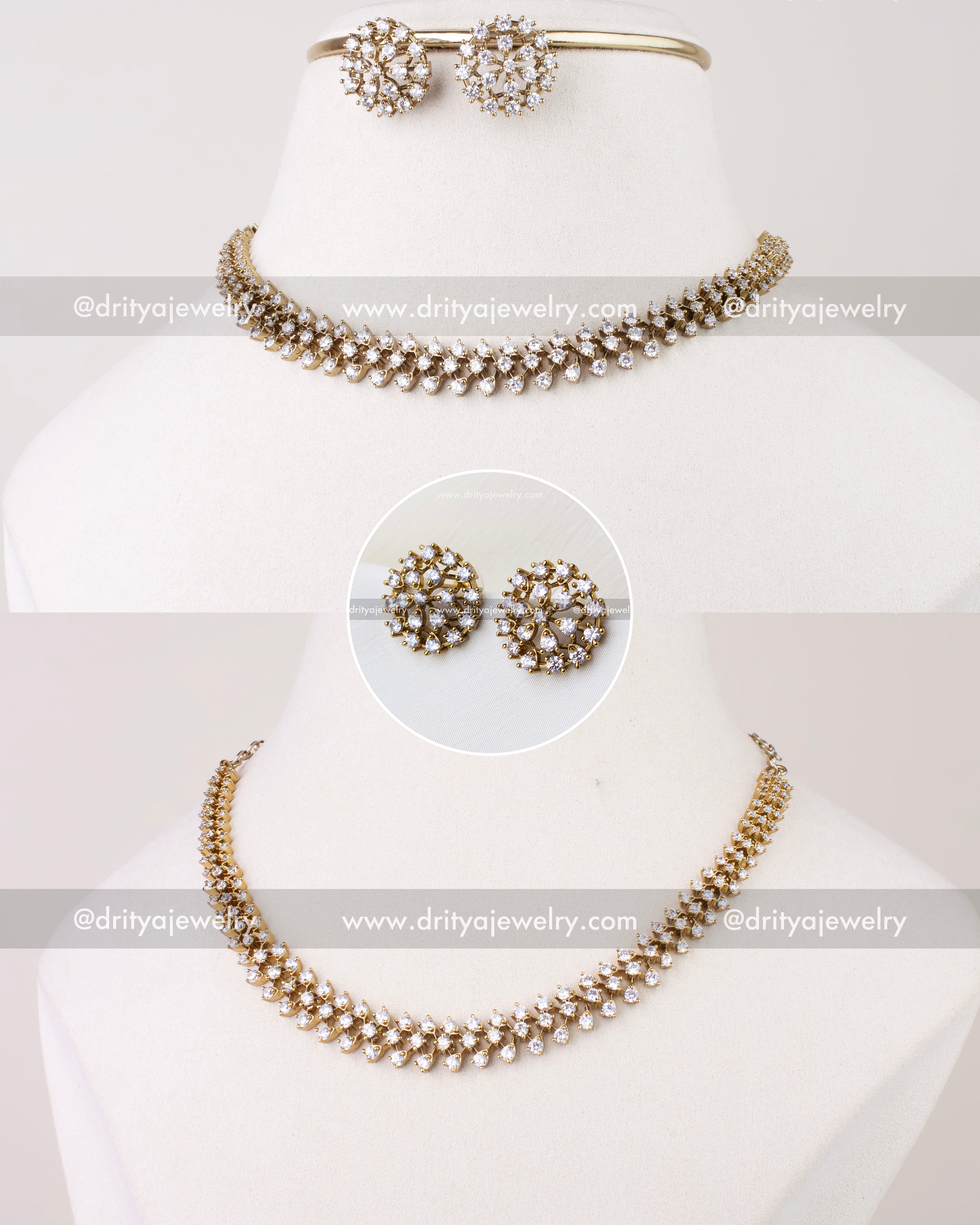 SKU 1304 - Victorian CZ short necklace set with matching studs displayed on bust front view