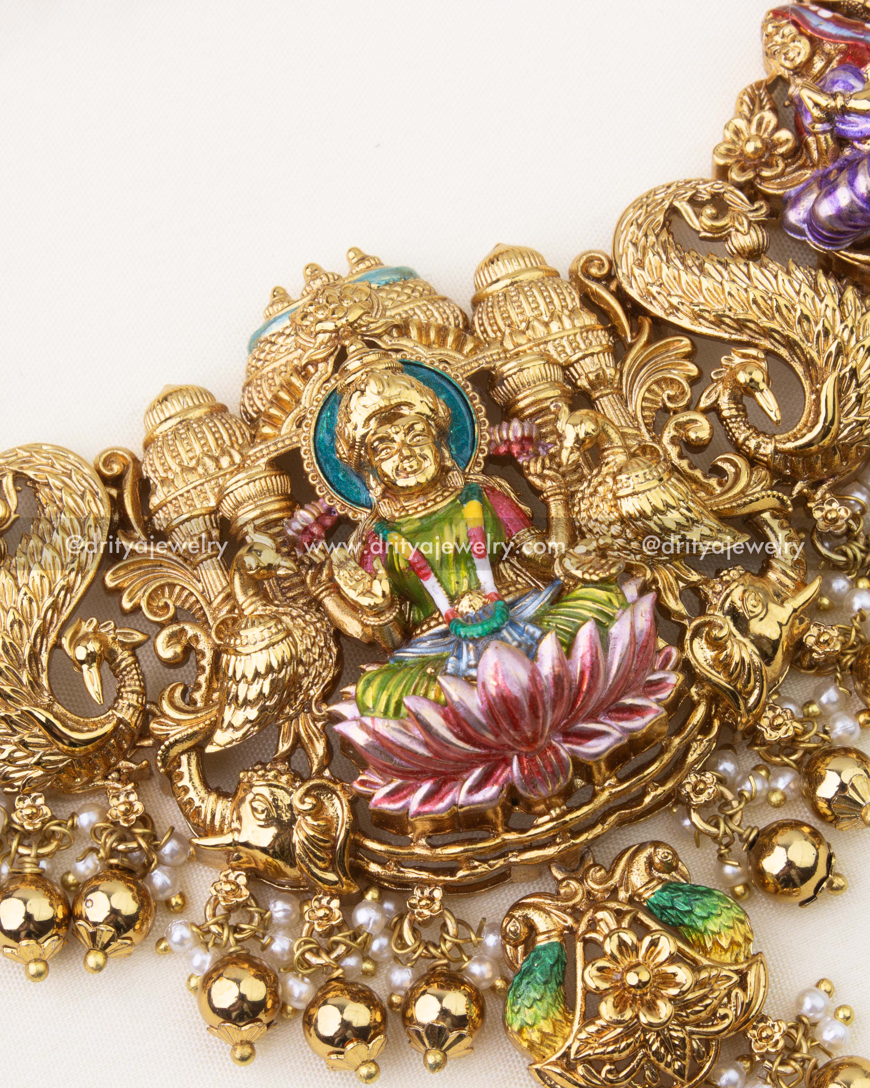 SKU 1262 - Center Lakshmi Devi pendant on short temple necklace with lotus meenakari work
