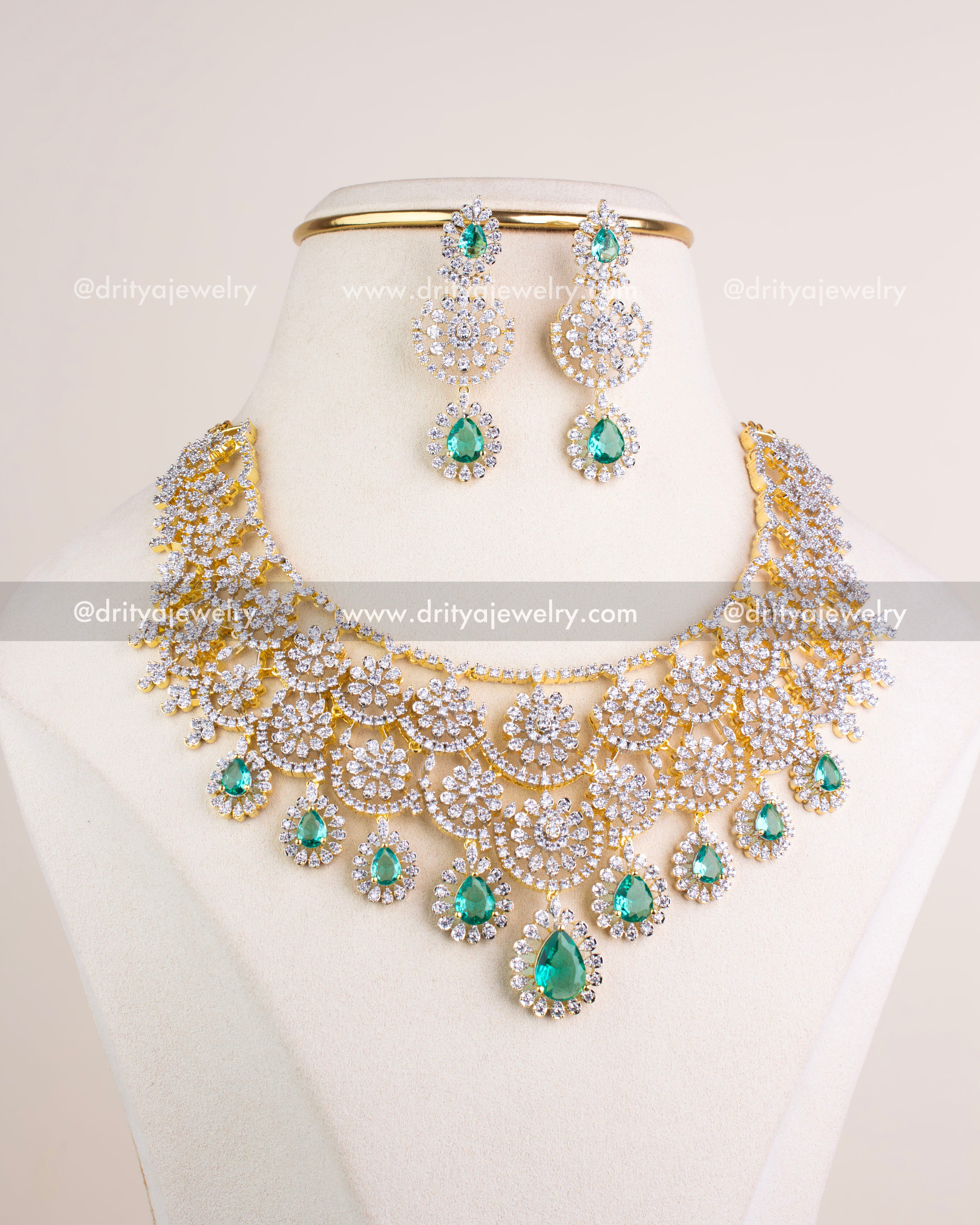 1209-RE full display of premium diamond replica short necklace set with earrings