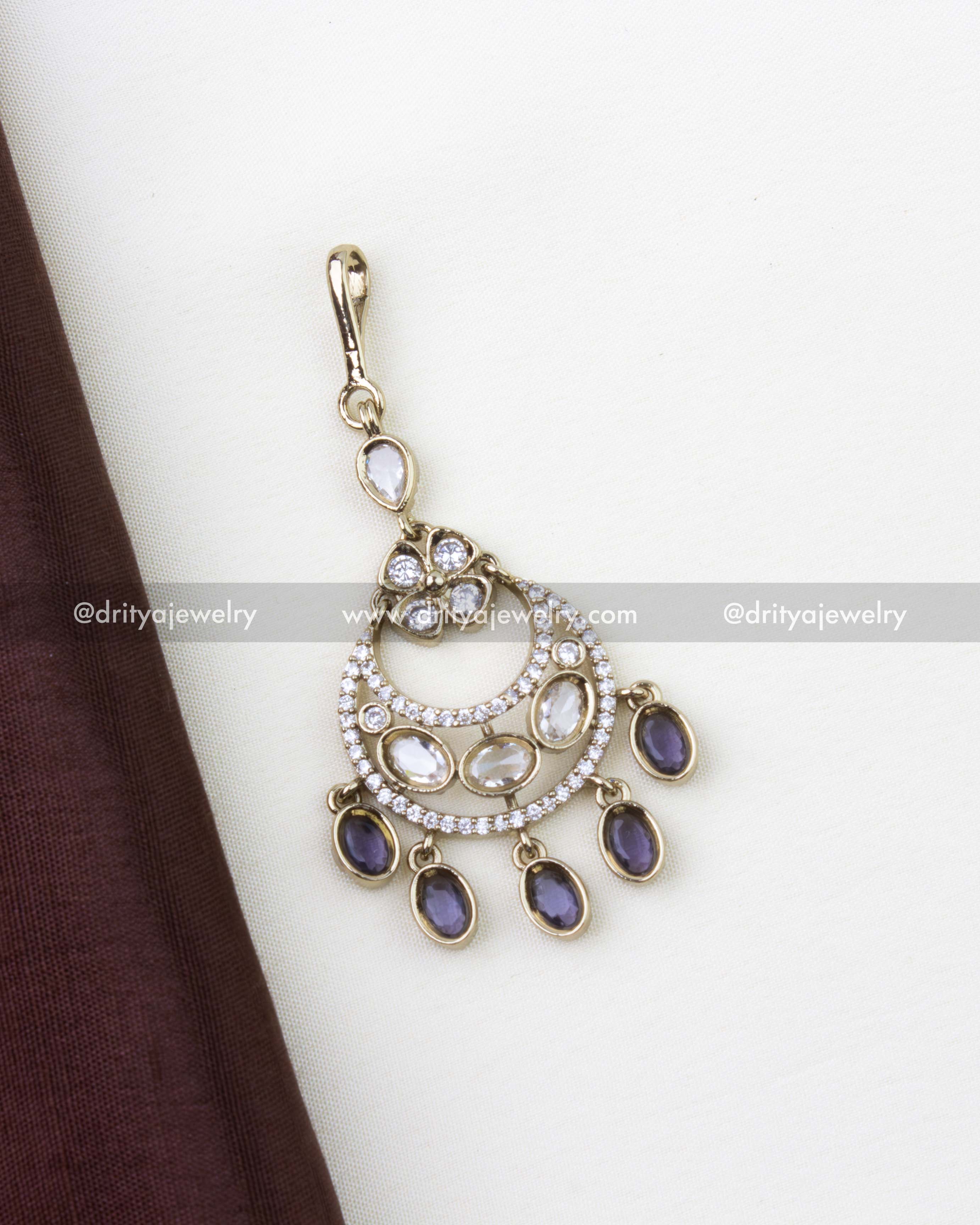Victorian-style gold-toned maang tikka with clear AD stones and purple oval drops, SKU 1260-PU