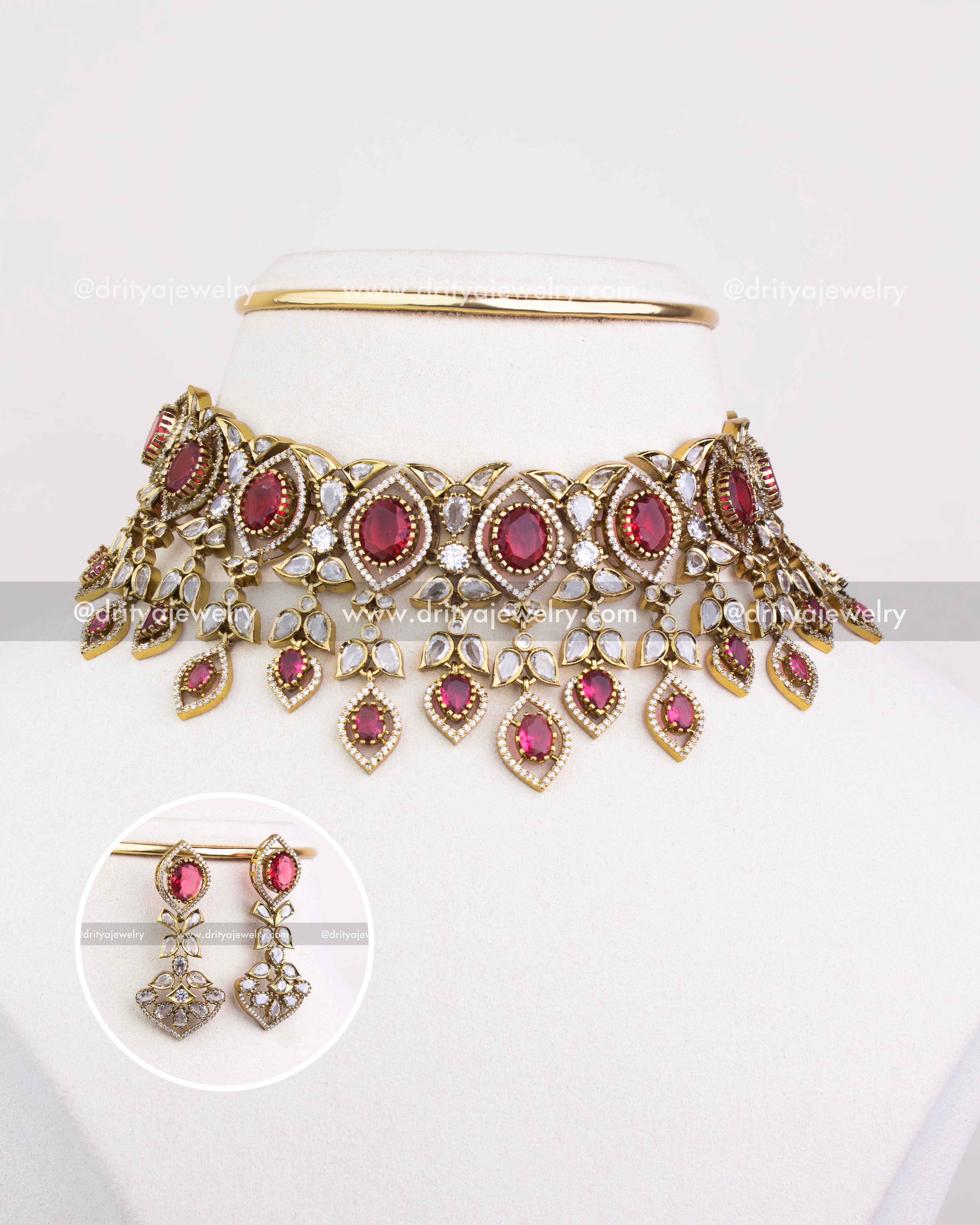 1236-R Victorian red stone choker necklace set with matching dangler earrings front view