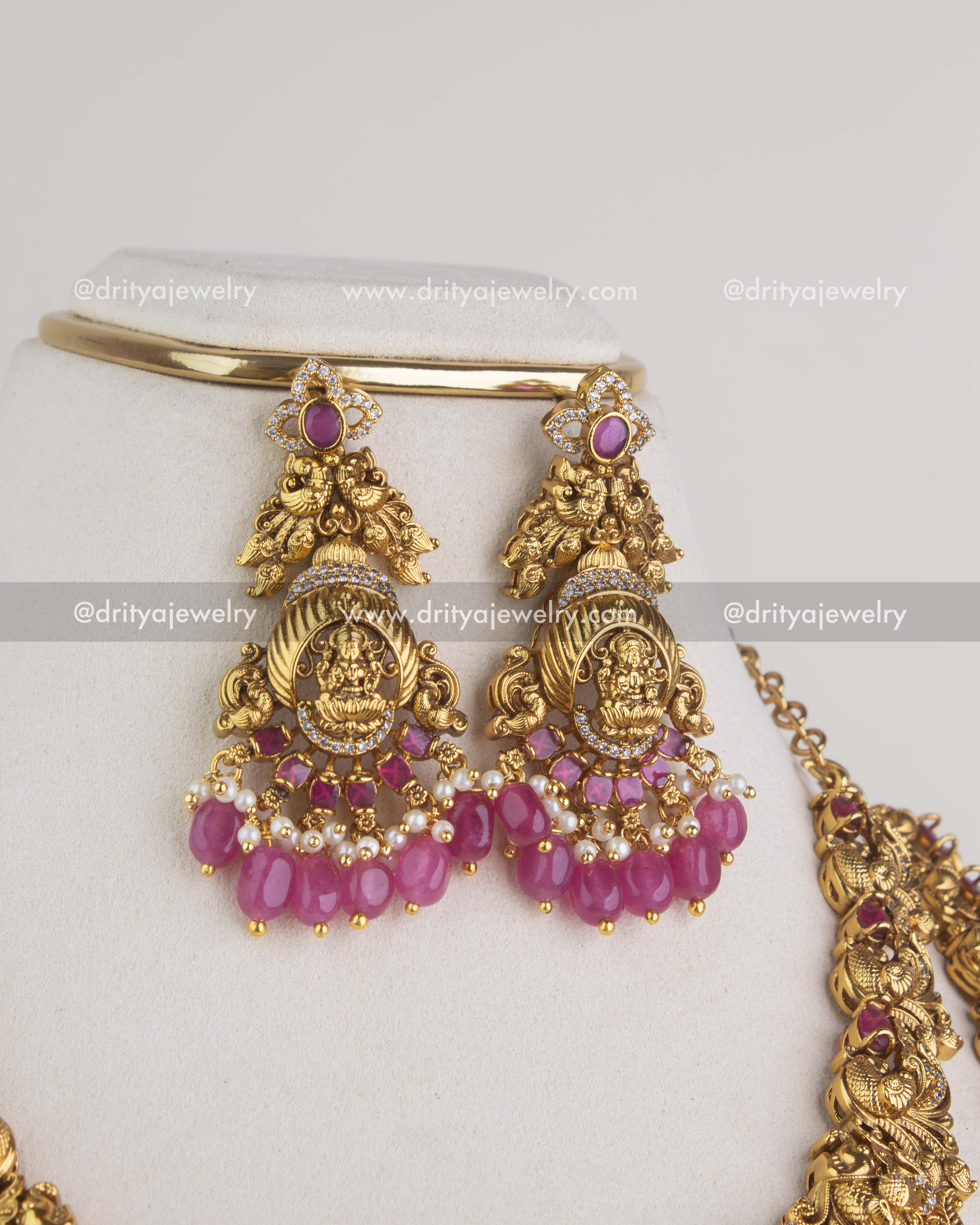 1207-SET - Necklace Set - Pair of idol motif earrings with bead and pearl drops front view