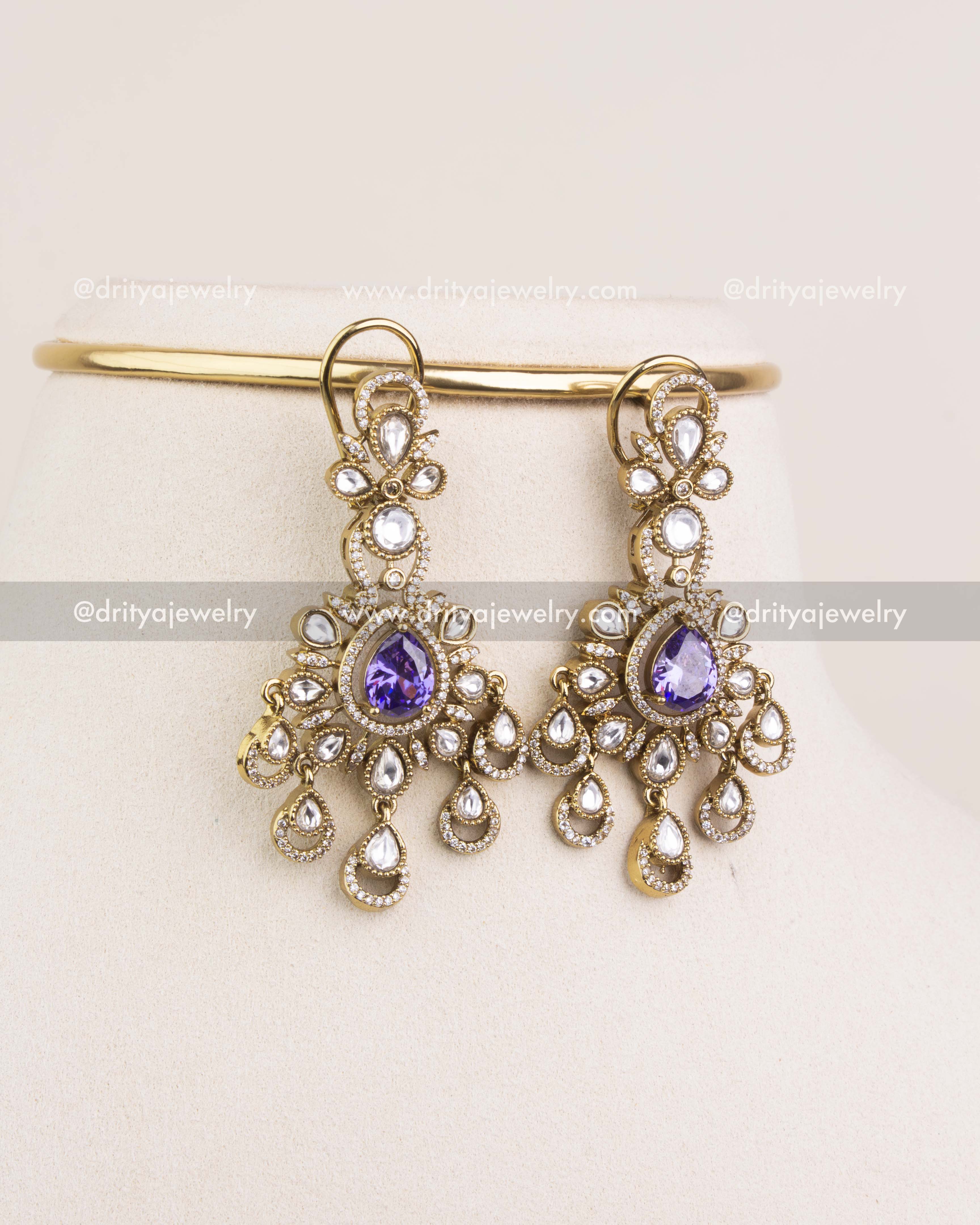 1237-PU matching chandelier earrings with purple stones and kundan drops