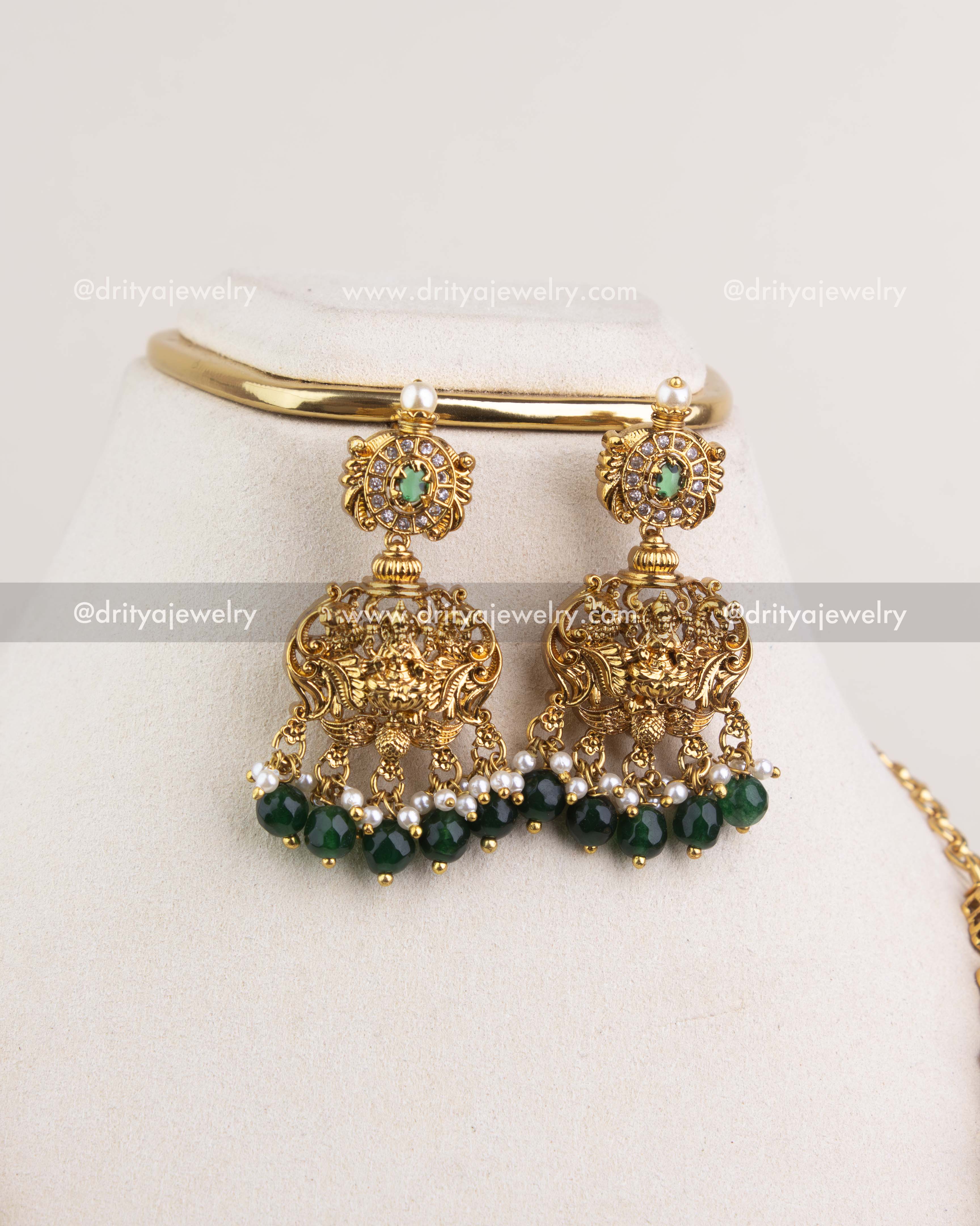 1240-G matching temple jhumka earrings with green bead and pearl drops close-up