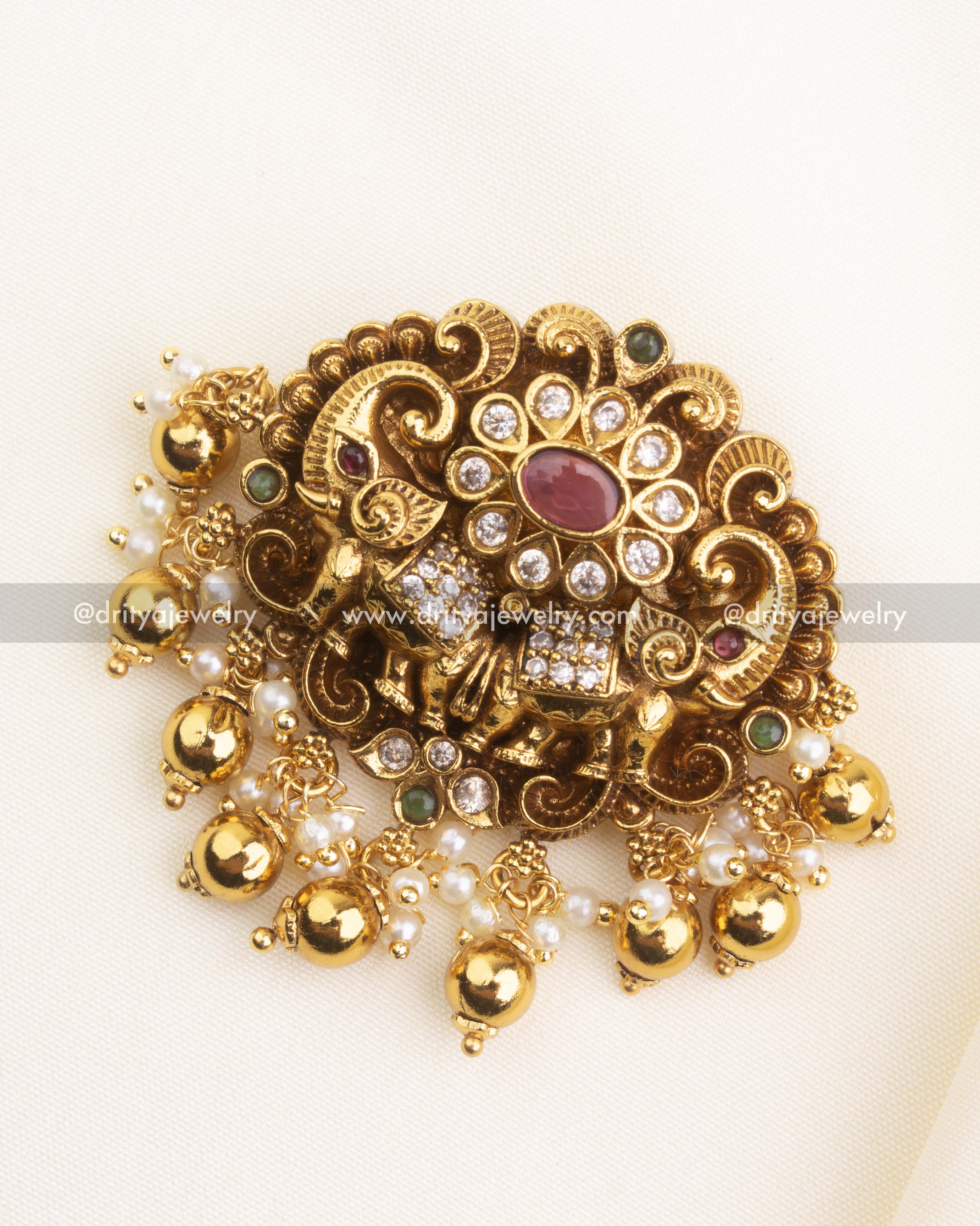 SKU 1199 premium antique gold replica idol pendant with stone-studded centre and bead drops front view