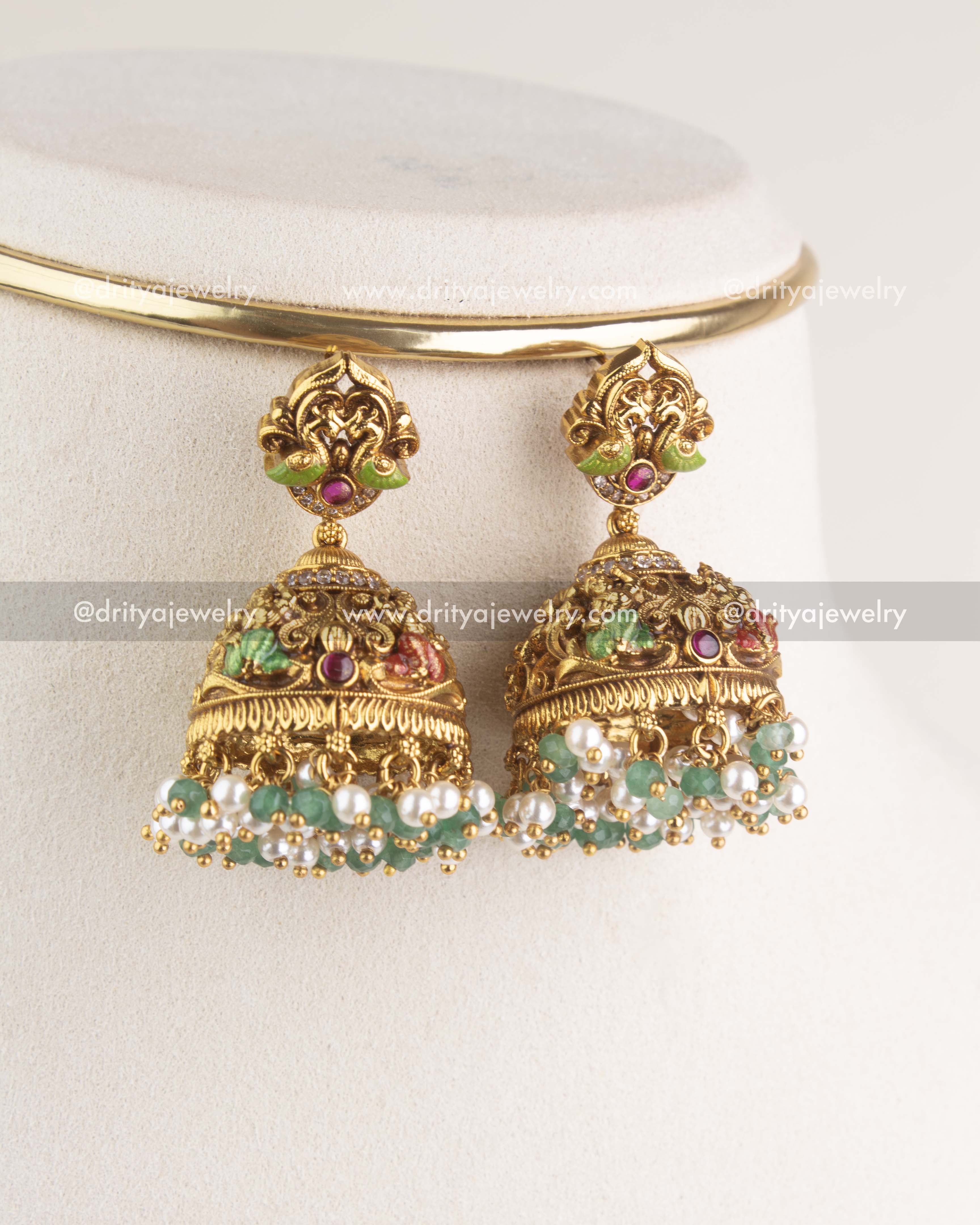 SKU 1181 Necklace Set close-up of matching temple-style jhumka earrings