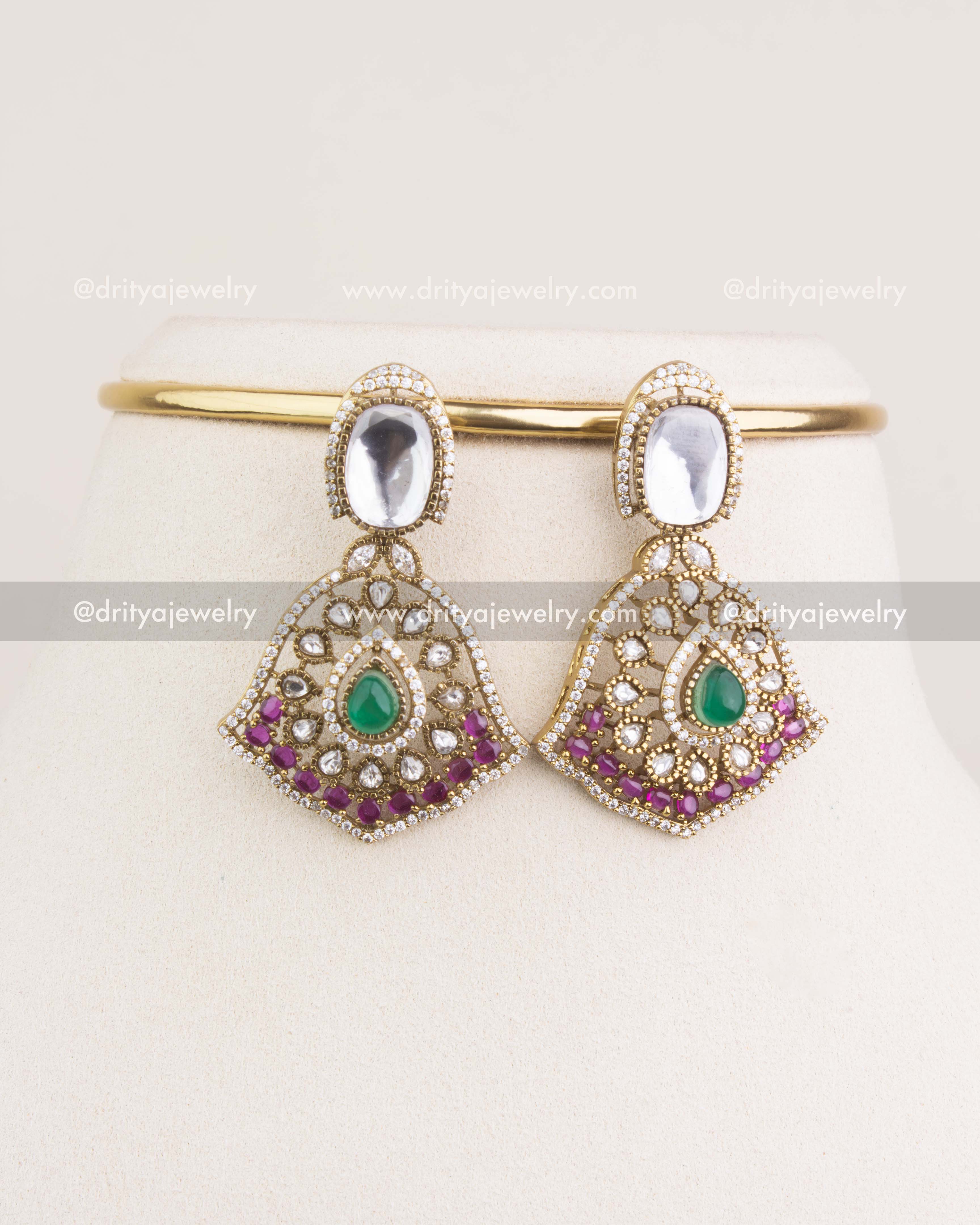 SKU 1234 matching Kundan dangler earrings with green and pink stones front view