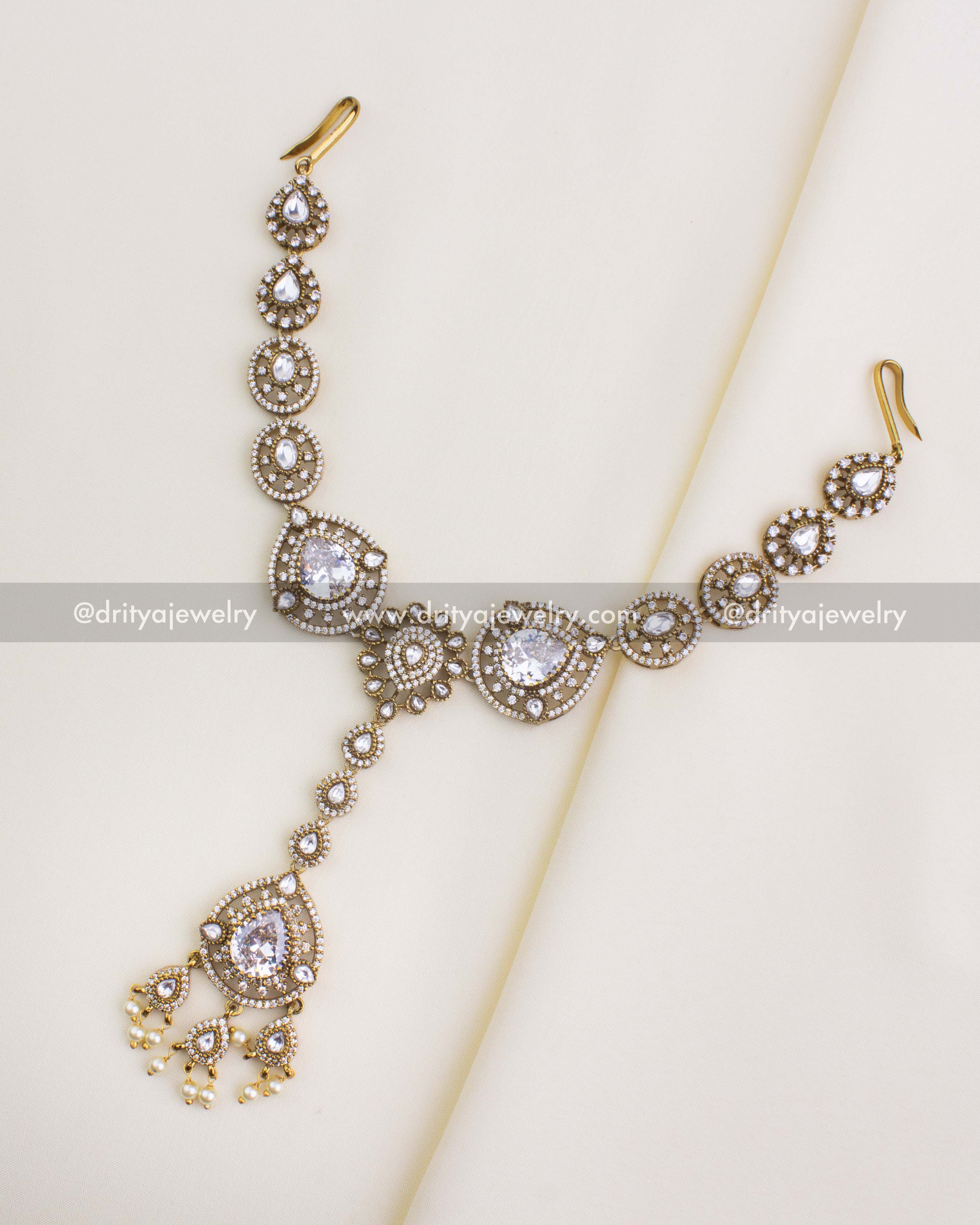 Full view of Y-shaped Victorian damini maang tikka with white stones and pearl drops, SKU 1112-W