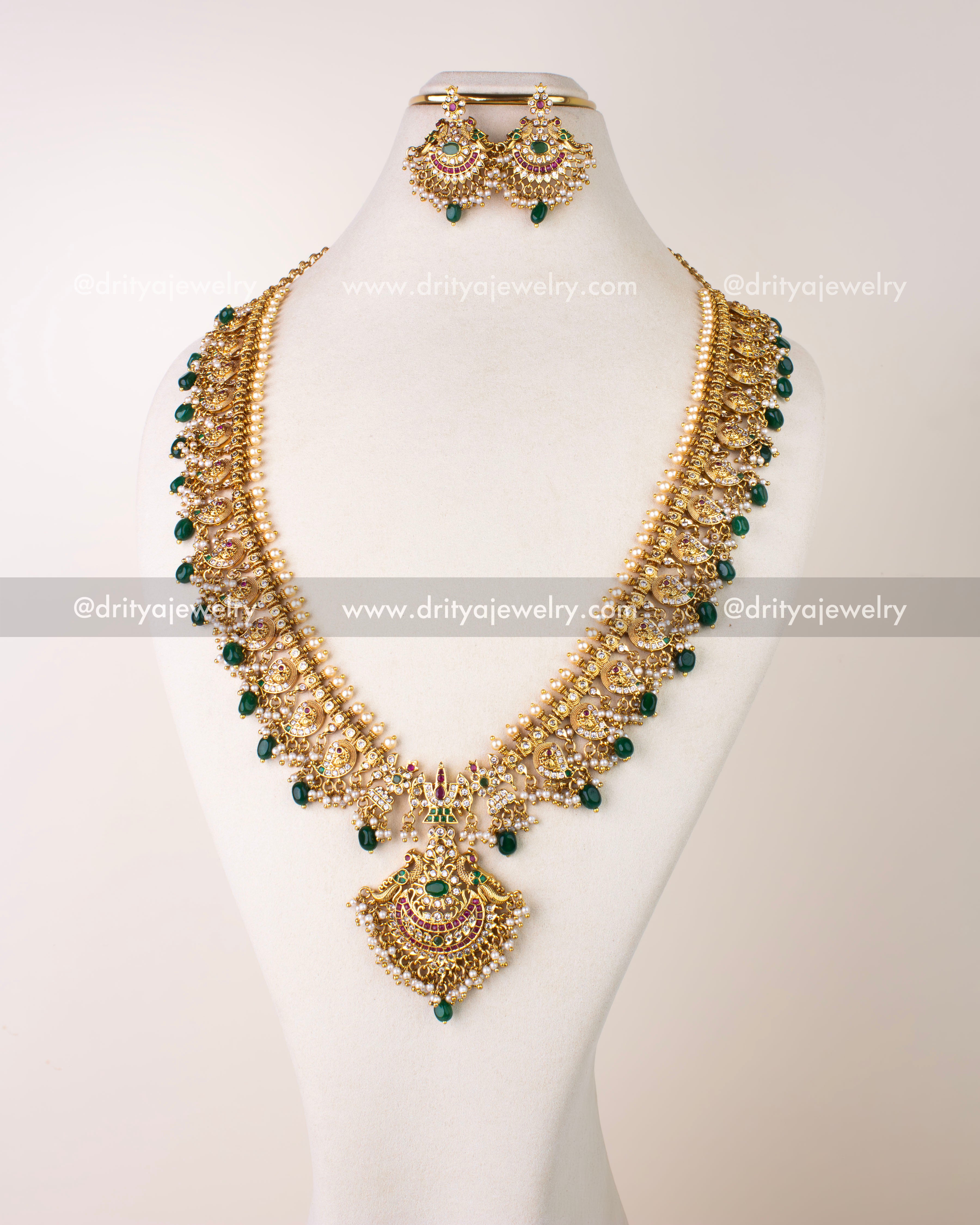 1261-G full view of premium mango design long necklace set with earrings