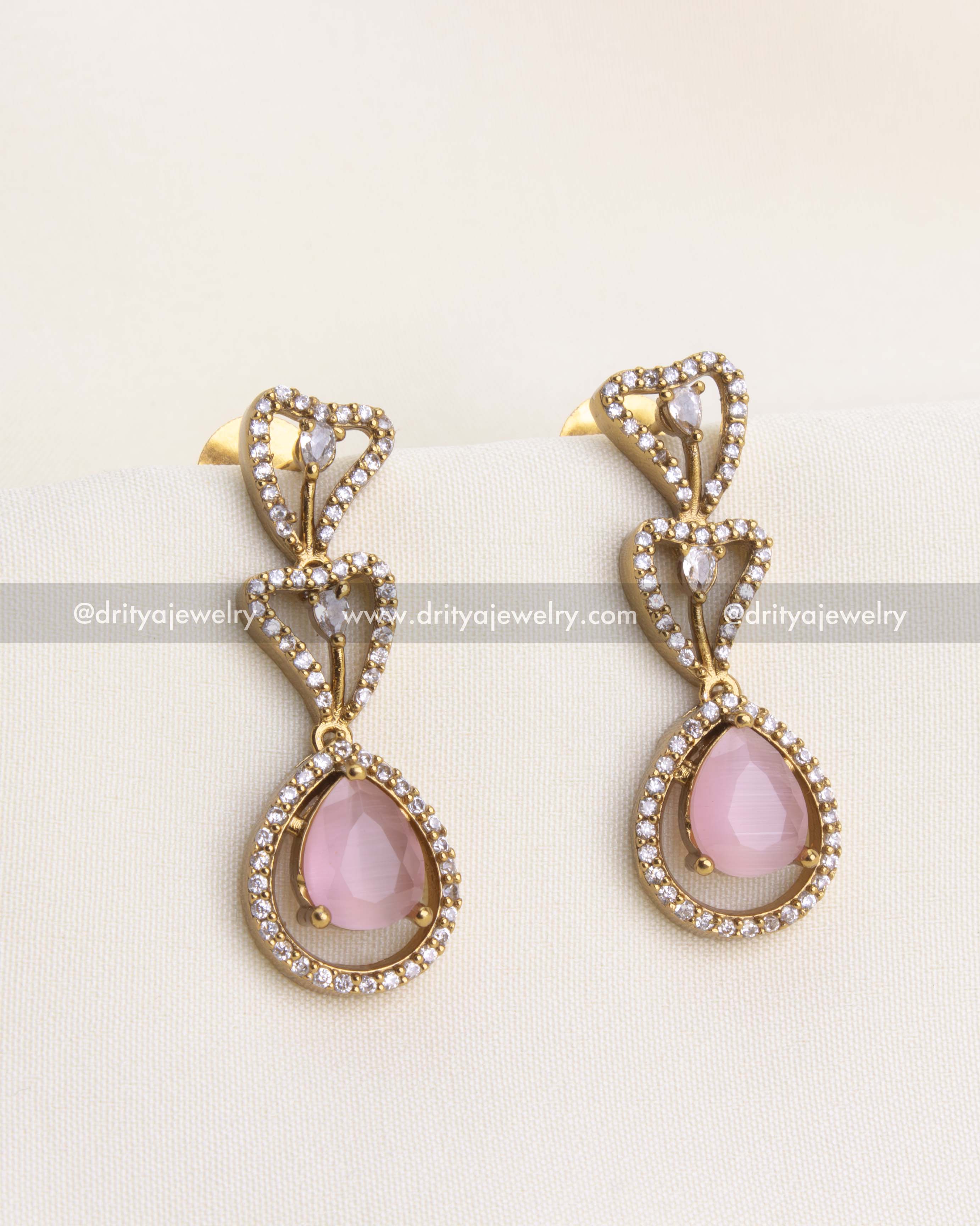 1152-BP - Necklace Set - Close-up front view of earrings with mint teardrop stones and stone-studded hearts