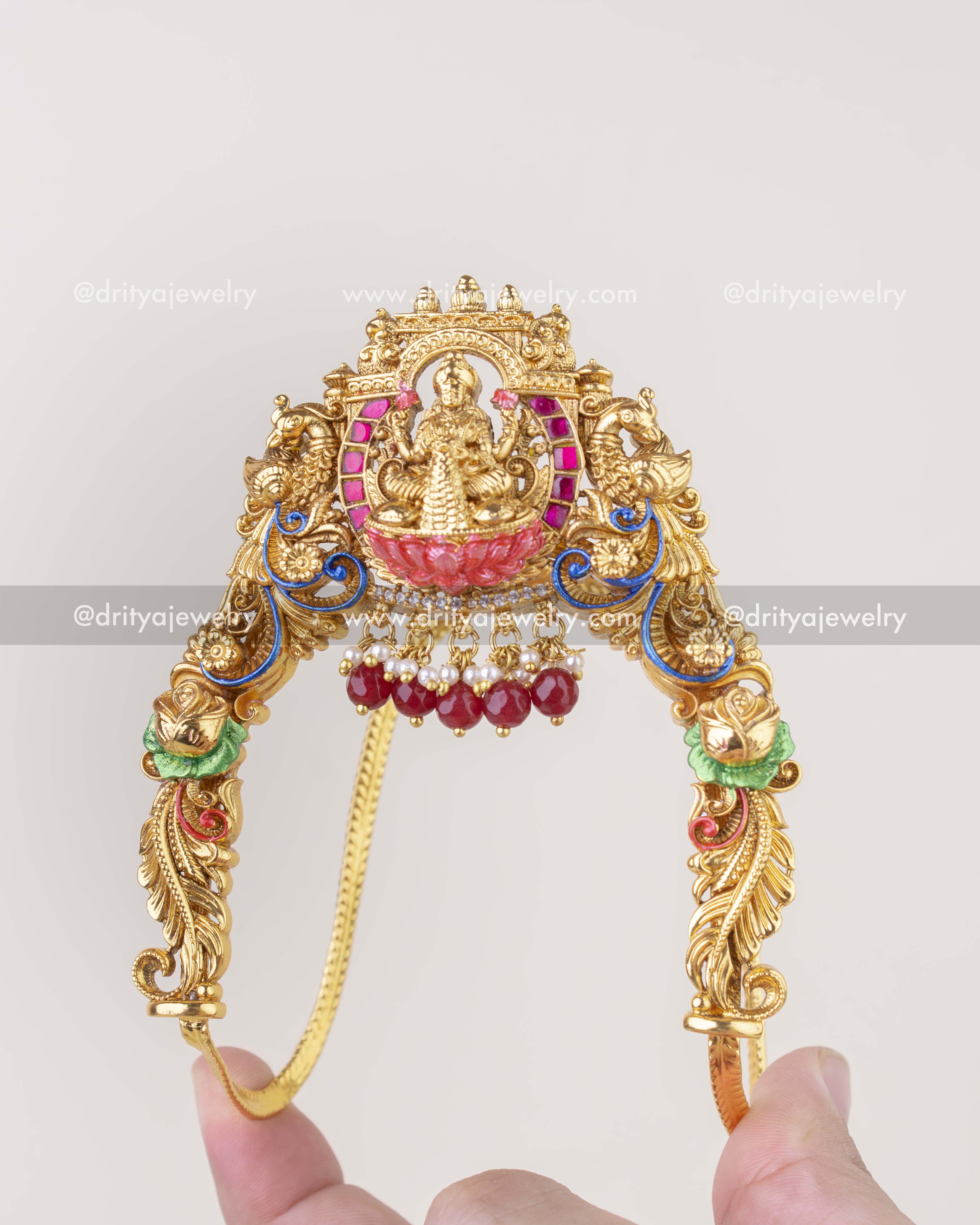 1283 - Front view of Lakshmi temple ara vanki bangle with meenakari and bead drops